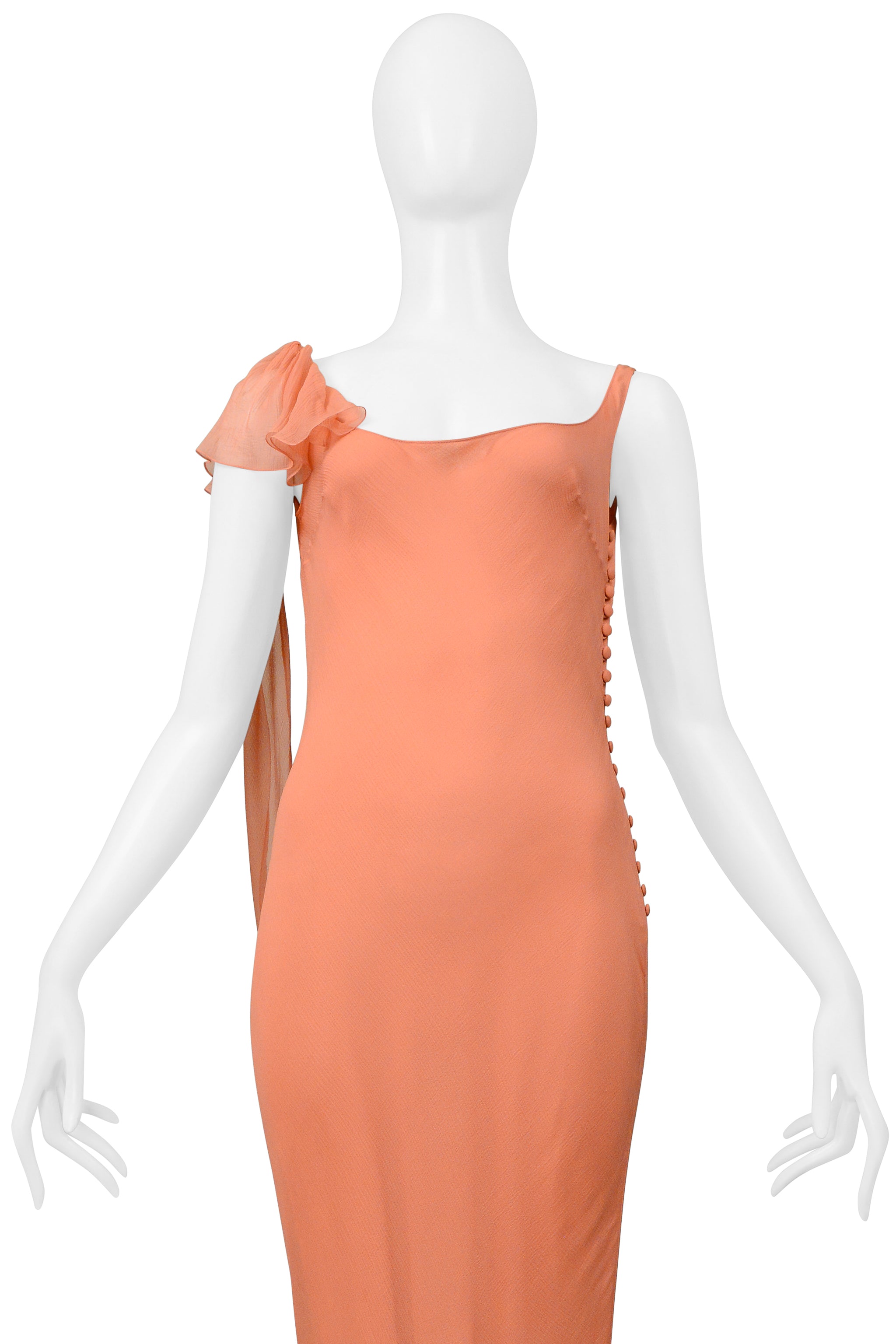 JOHN GALLIANO PEACH CHIFFON EVENING GOWN WITH RUFFLES 2000S