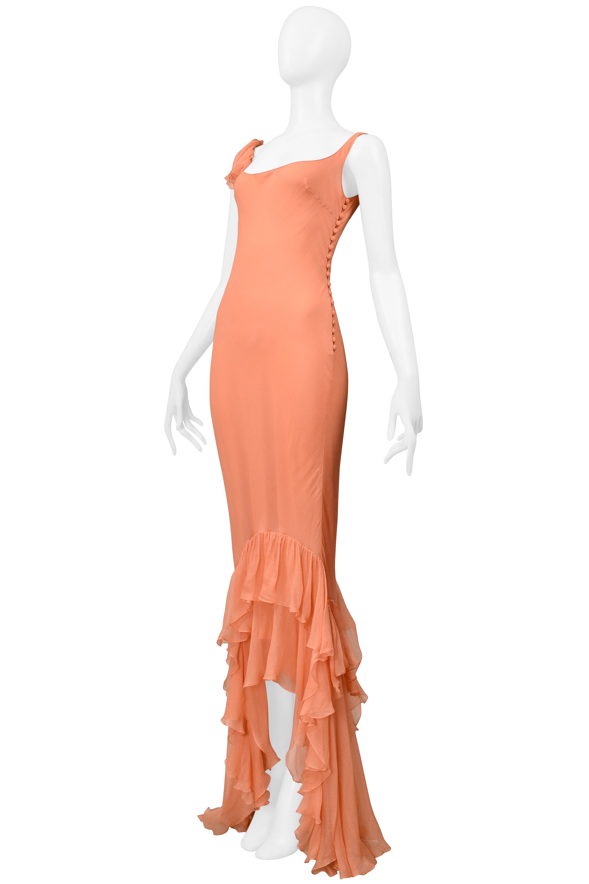 JOHN GALLIANO PEACH CHIFFON EVENING GOWN WITH RUFFLES 2000S