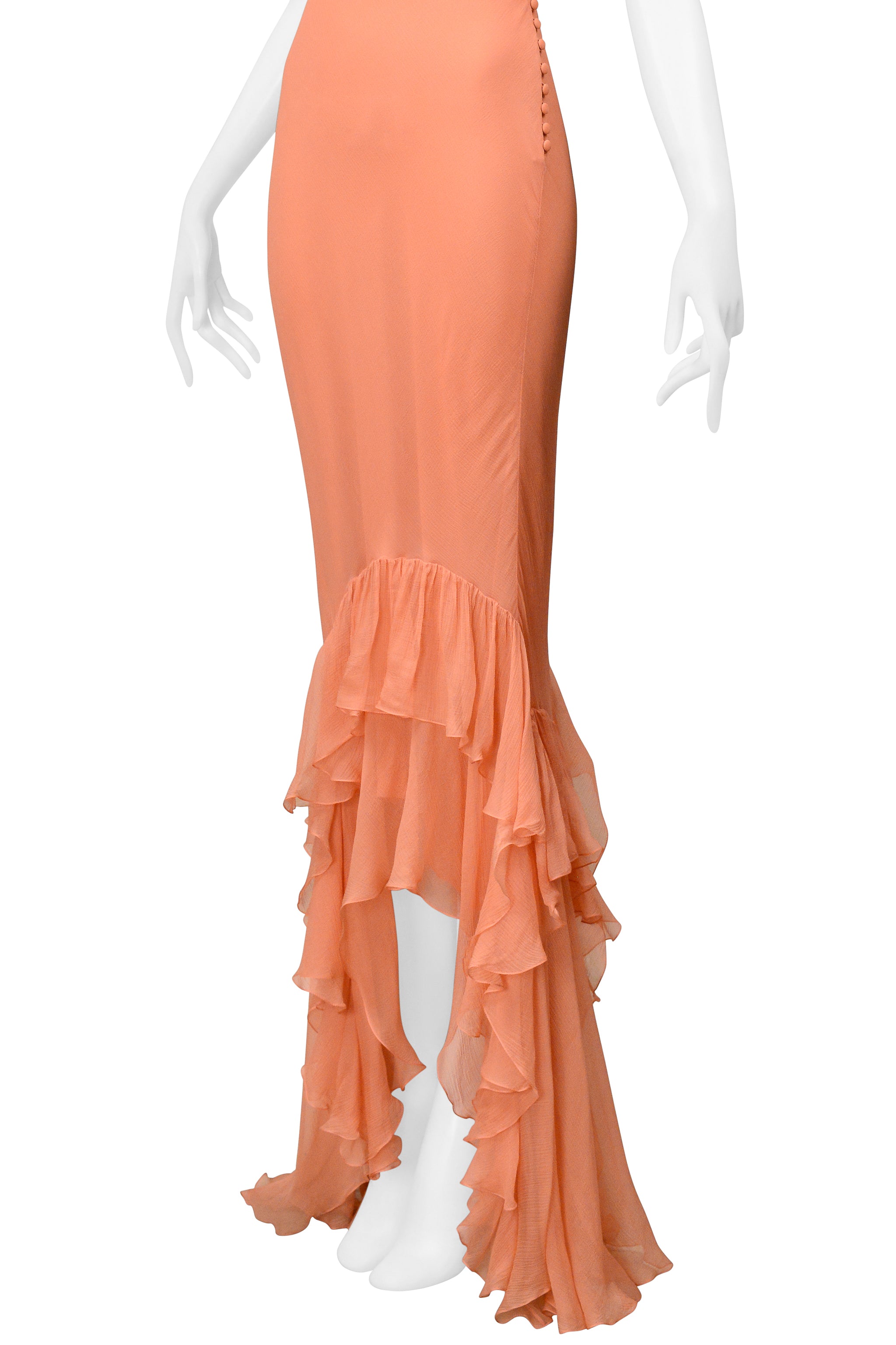 JOHN GALLIANO PEACH CHIFFON EVENING GOWN WITH RUFFLES 2000S