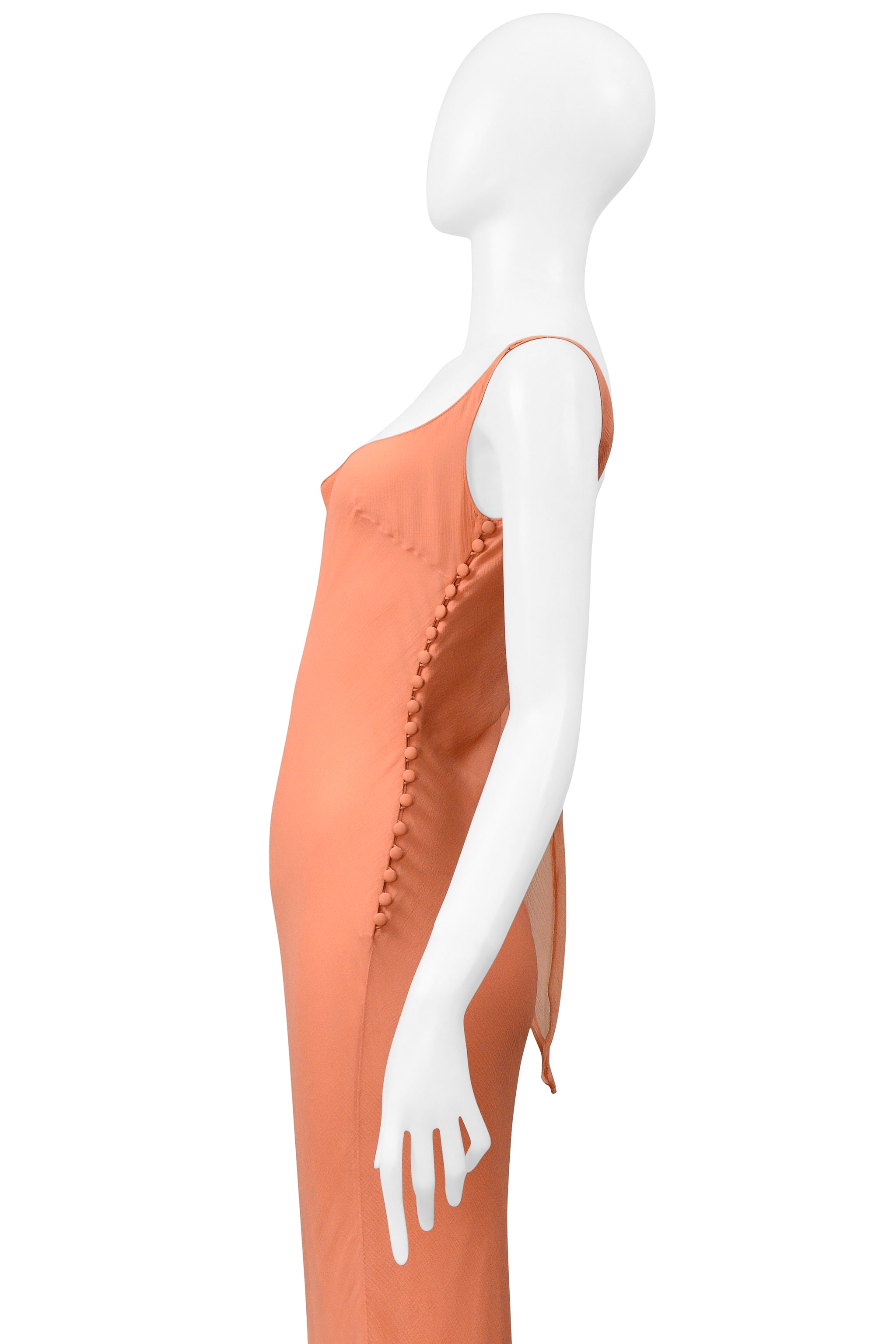 JOHN GALLIANO PEACH CHIFFON EVENING GOWN WITH RUFFLES 2000S