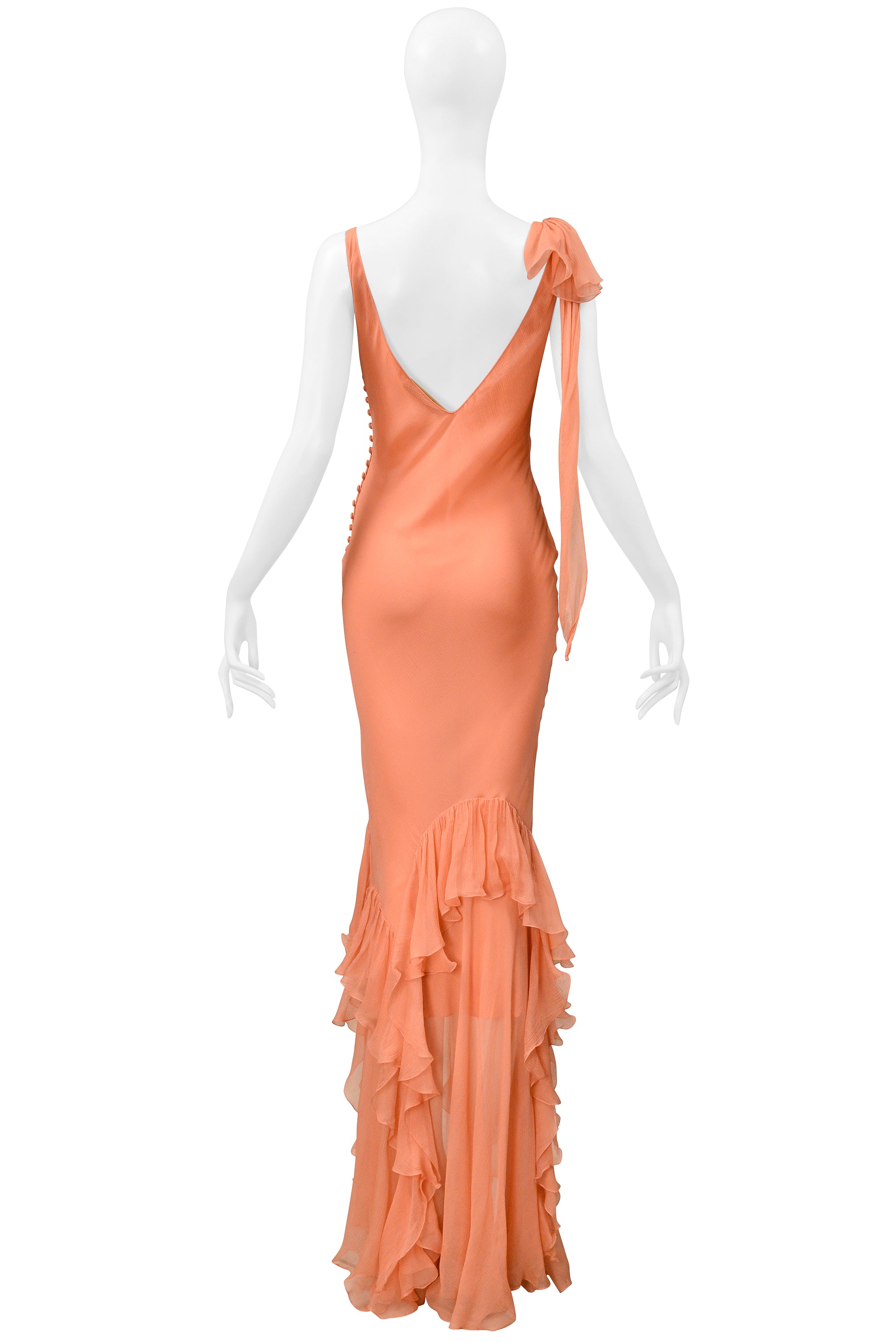 JOHN GALLIANO PEACH CHIFFON EVENING GOWN WITH RUFFLES 2000S