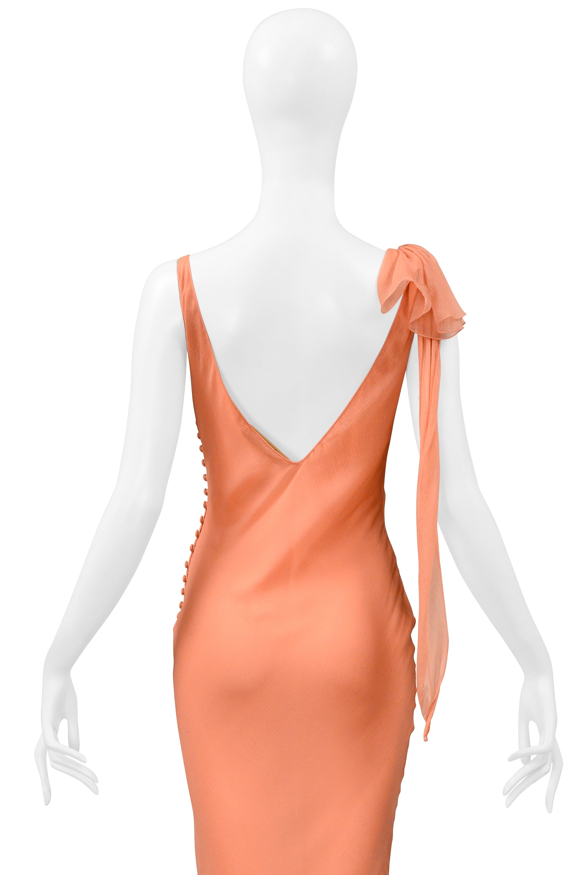 JOHN GALLIANO PEACH CHIFFON EVENING GOWN WITH RUFFLES 2000S