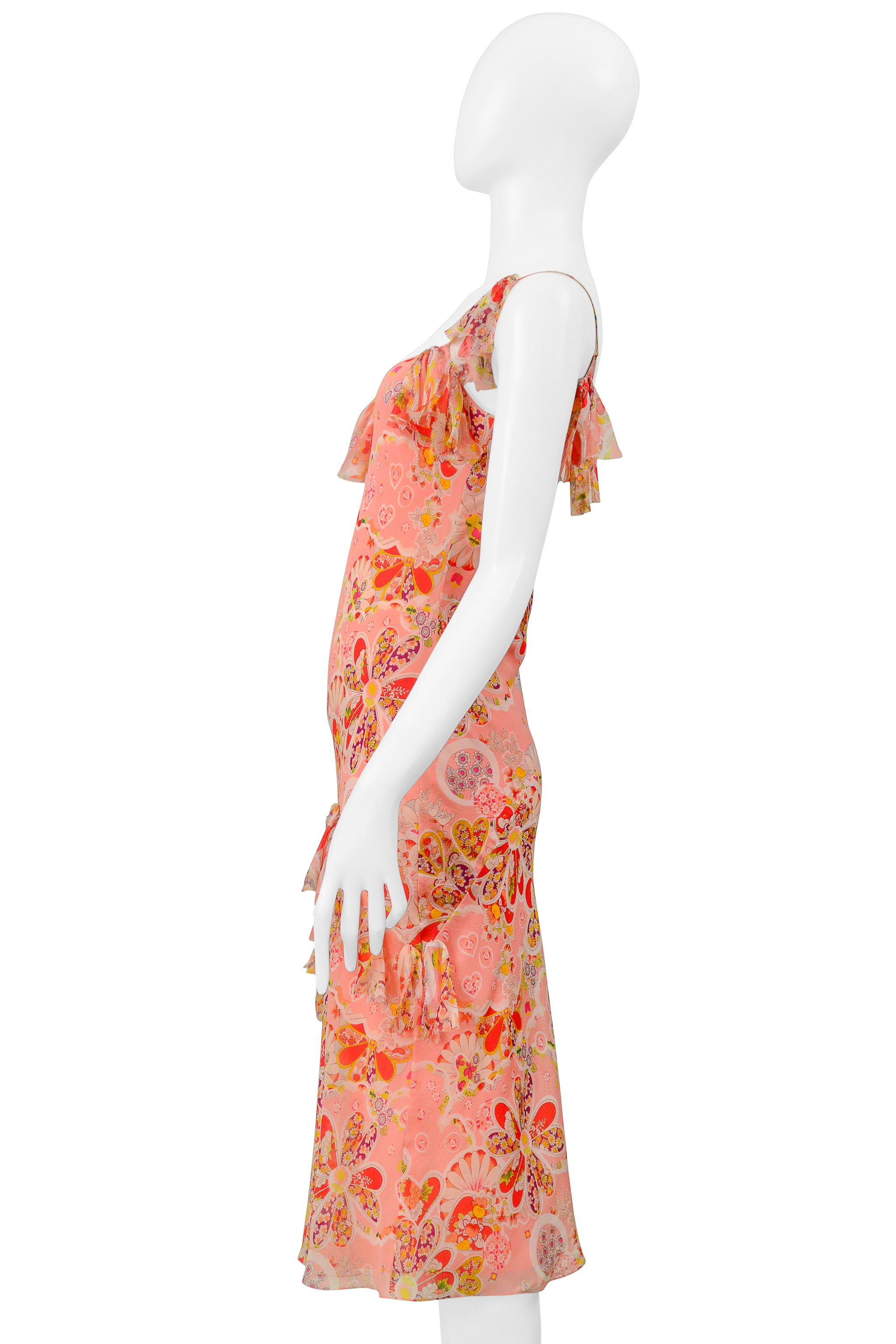 JOHN GALLIANO PINK FLORAL PRINTED SLIP DRESS WITH BOWS