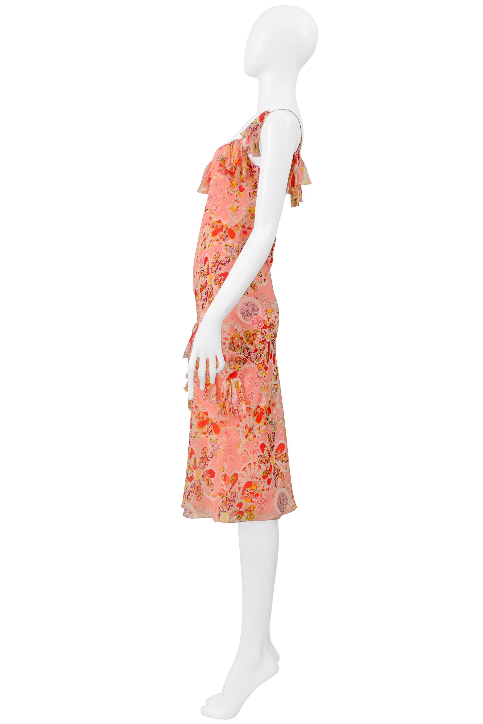JOHN GALLIANO PINK FLORAL PRINTED SLIP DRESS WITH BOWS