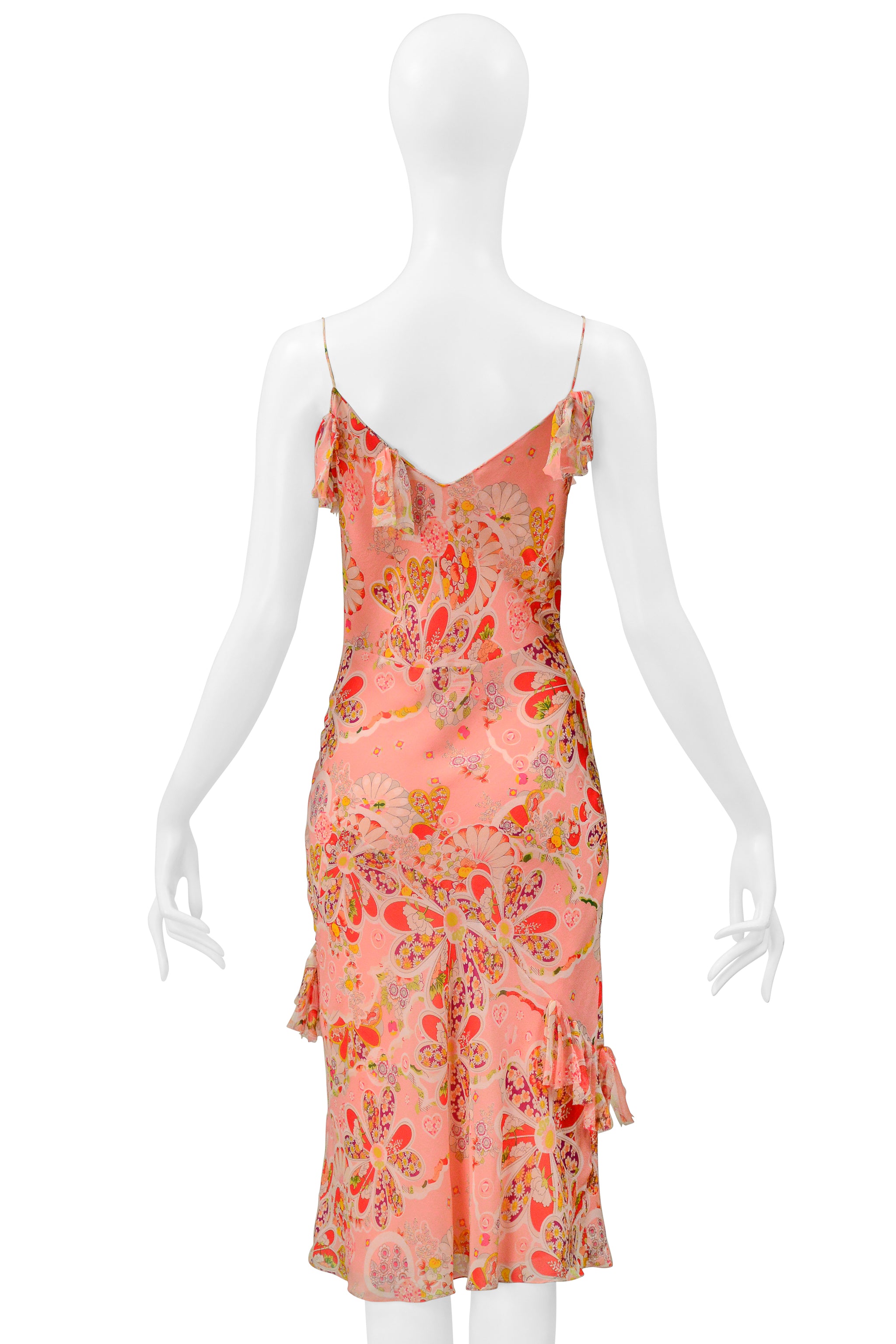 JOHN GALLIANO PINK FLORAL PRINTED SLIP DRESS WITH BOWS