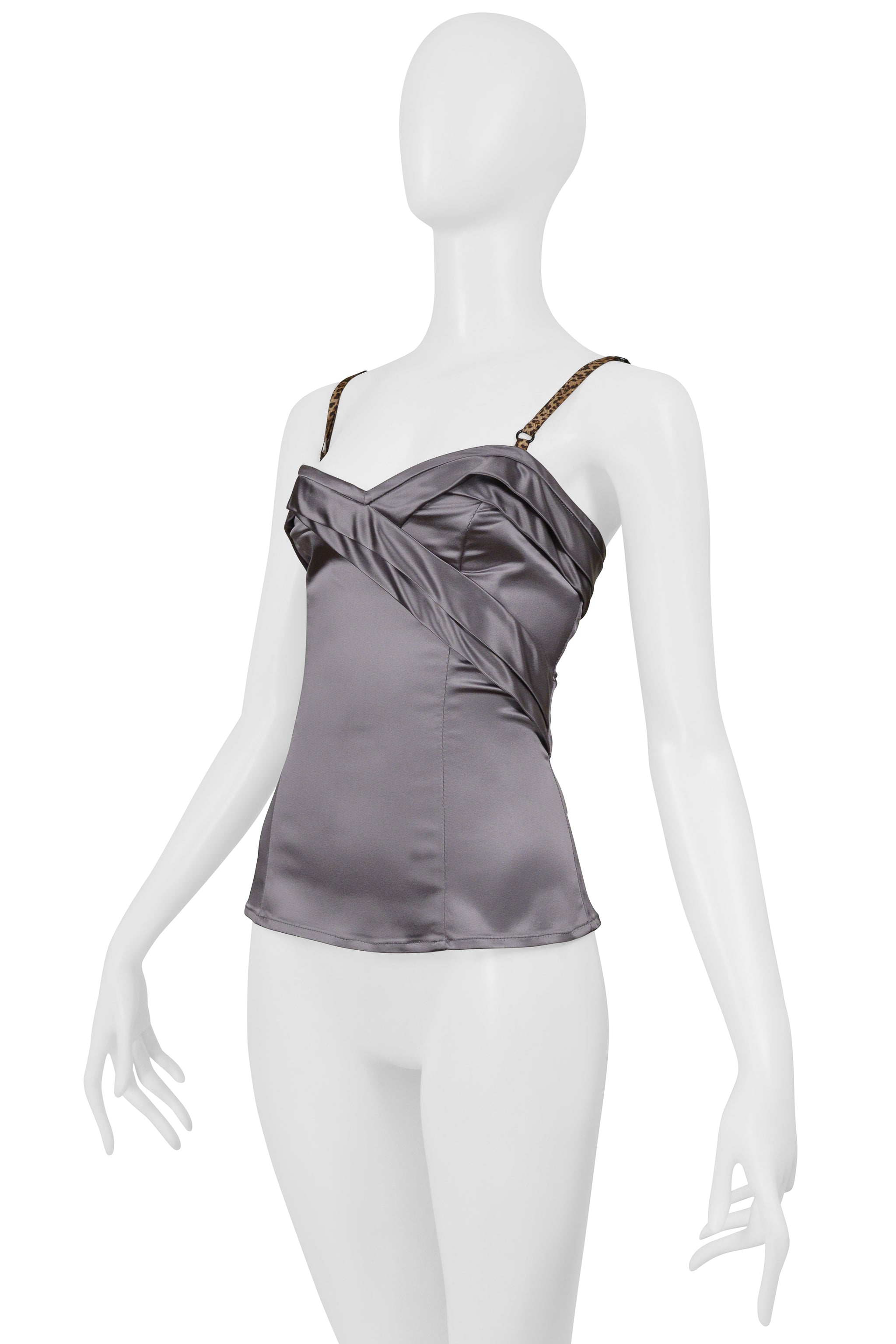 JOHN GALLIANO SILVER SATIN CORSET TOP WITH LEOPARD PRINT STRAPS