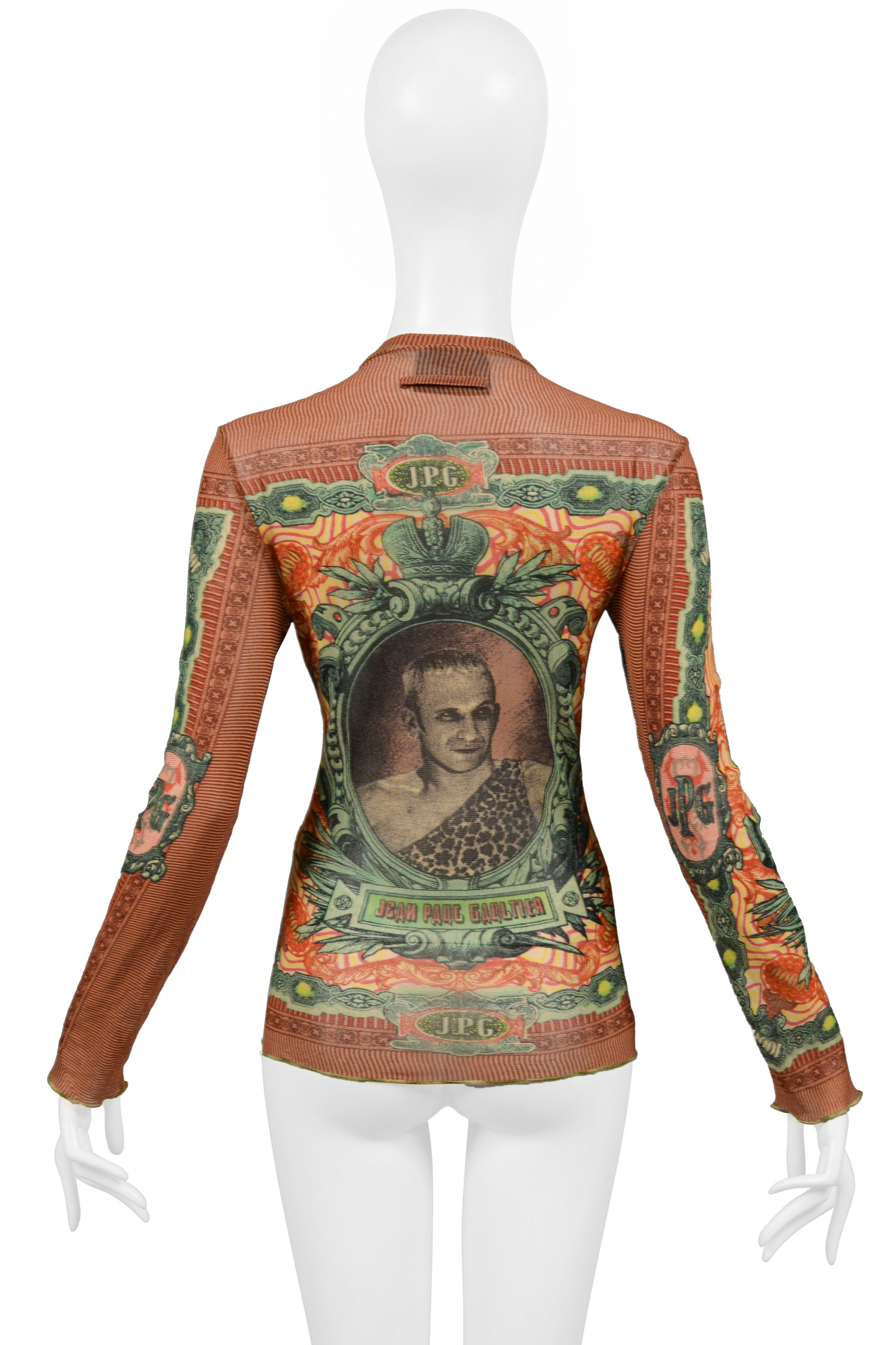 JEAN PAUL GAULTIER MULTICOLOR PORTRAIT & "MONEY" PRINT MESH TOP 1994