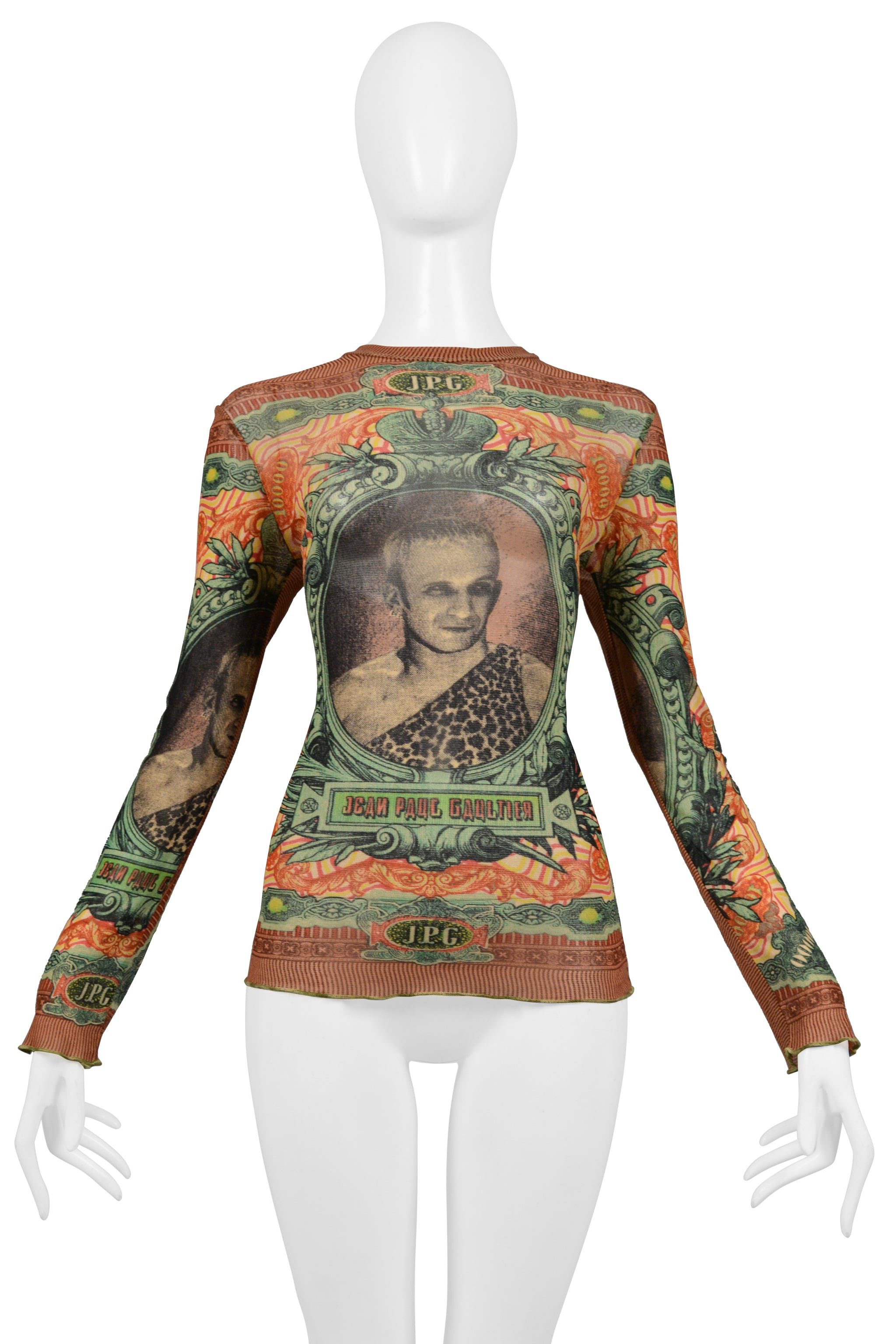 JEAN PAUL GAULTIER MULTICOLOR PORTRAIT & "MONEY" PRINT MESH TOP 1994
