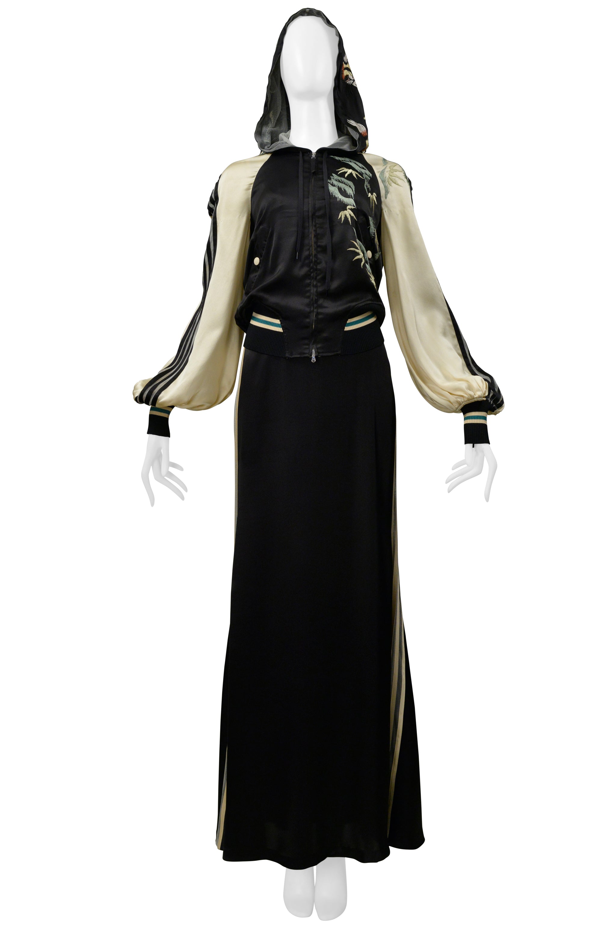 JEAN PAUL GAULTIER 30TH ANNIVERSARY BLACK AND CREAM SATIN ENSEMBLE W MESH STRIPES 2007
