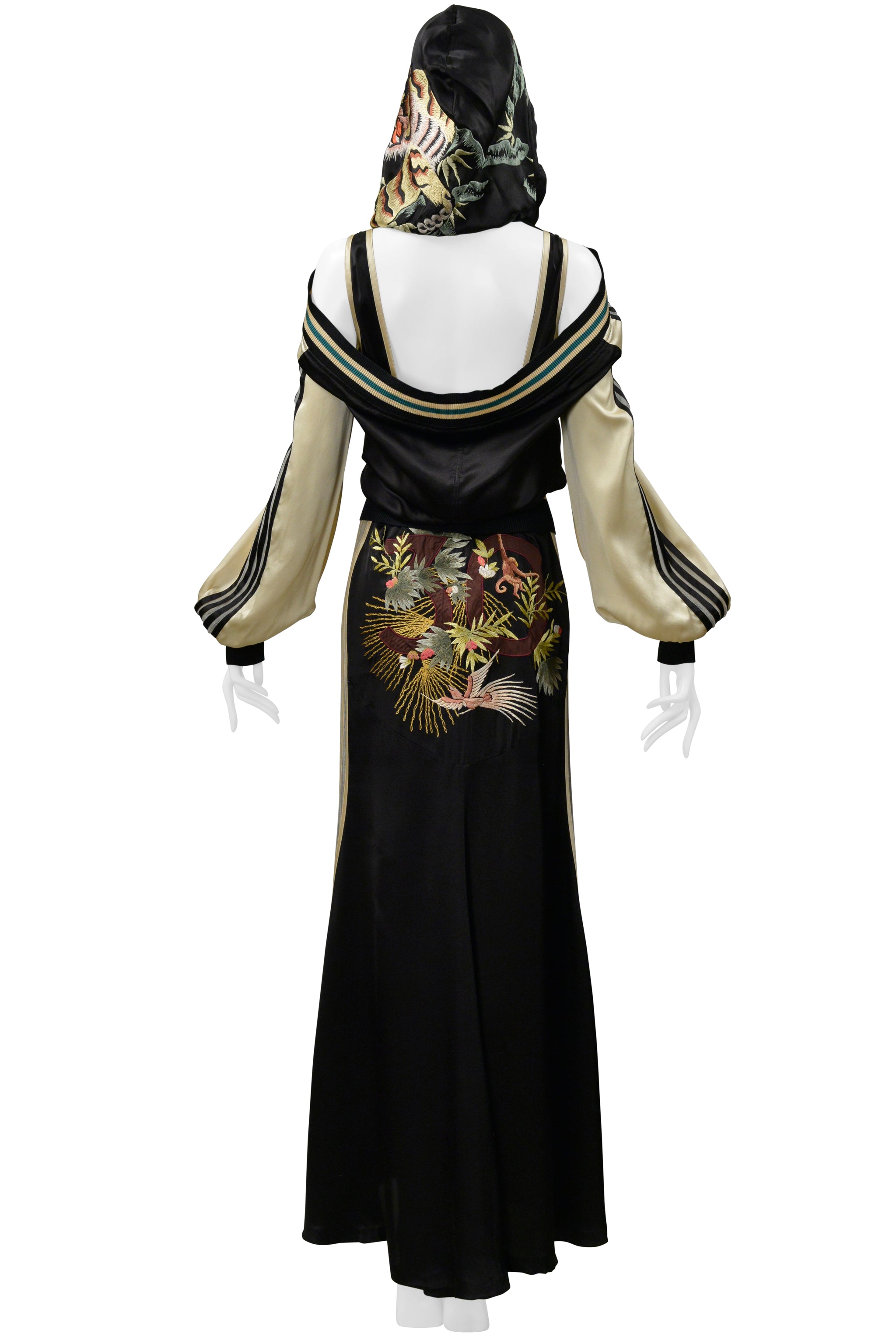 JEAN PAUL GAULTIER 30TH ANNIVERSARY BLACK AND CREAM SATIN ENSEMBLE W MESH STRIPES 2007