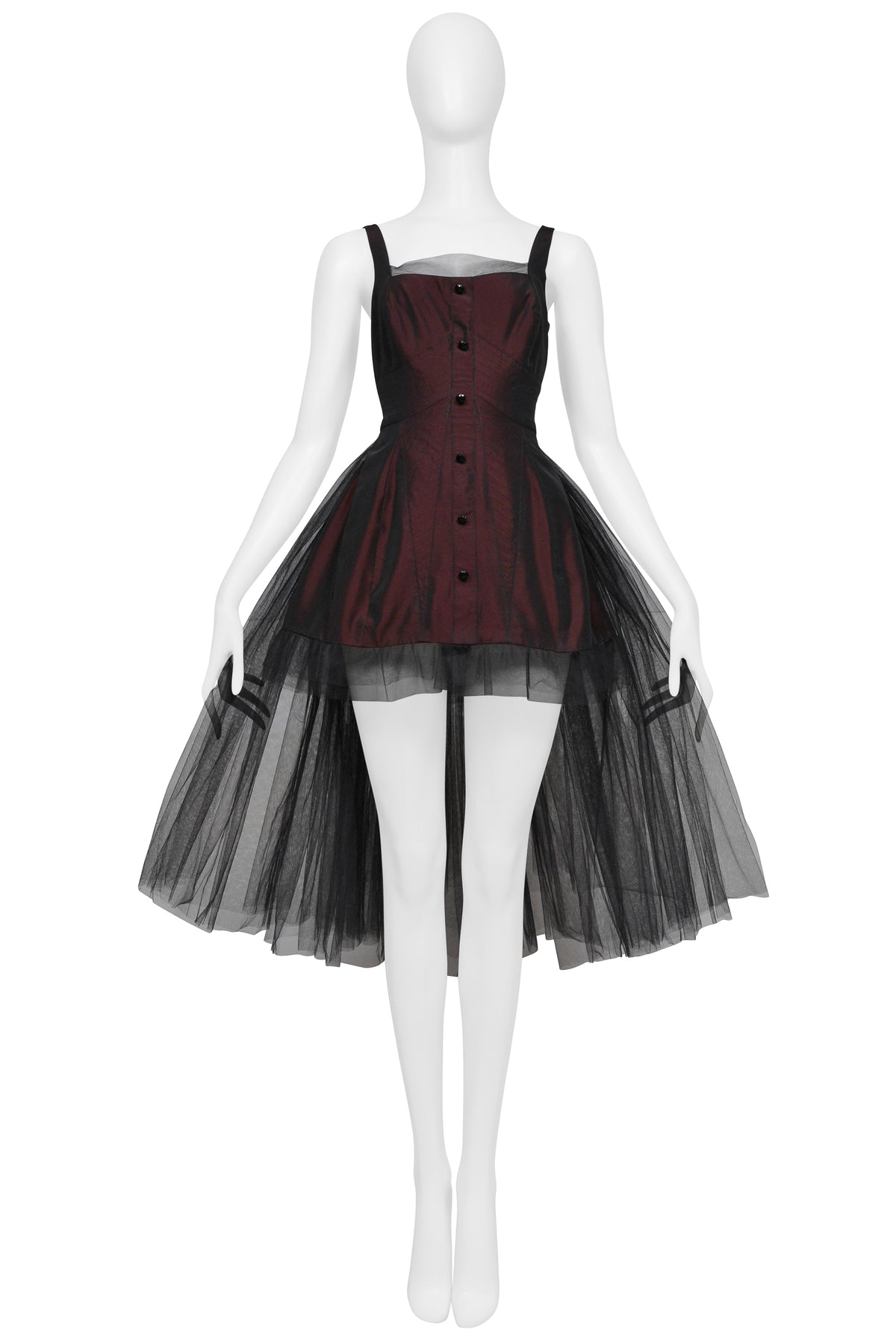 JEAN PAUL GAULTIER BURGUNDY MINI DRESS WITH BLACK TULLE SKIRT