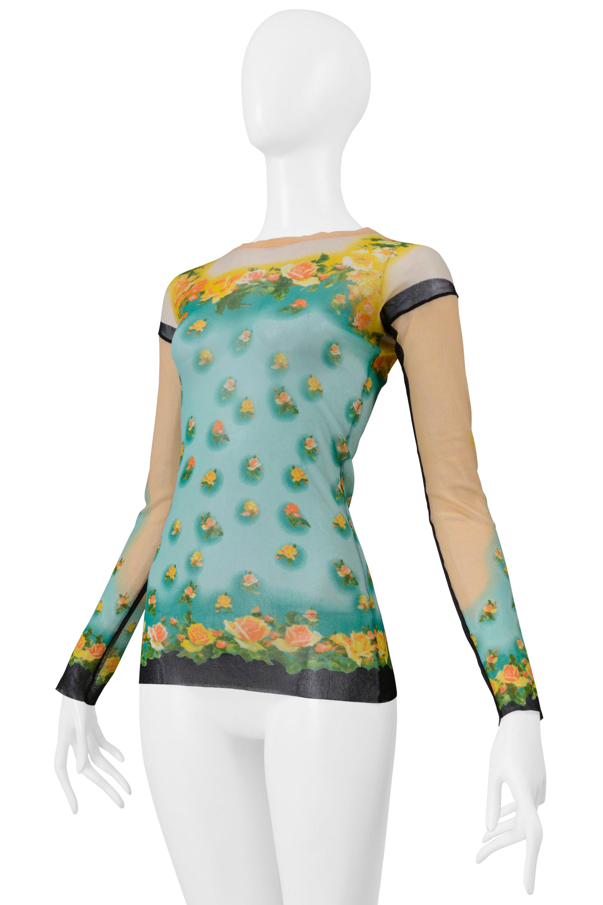 JEAN PAUL GAULTIER MINT GREEN AND PEACH FLORAL MESH LONG SLEEVE TOP