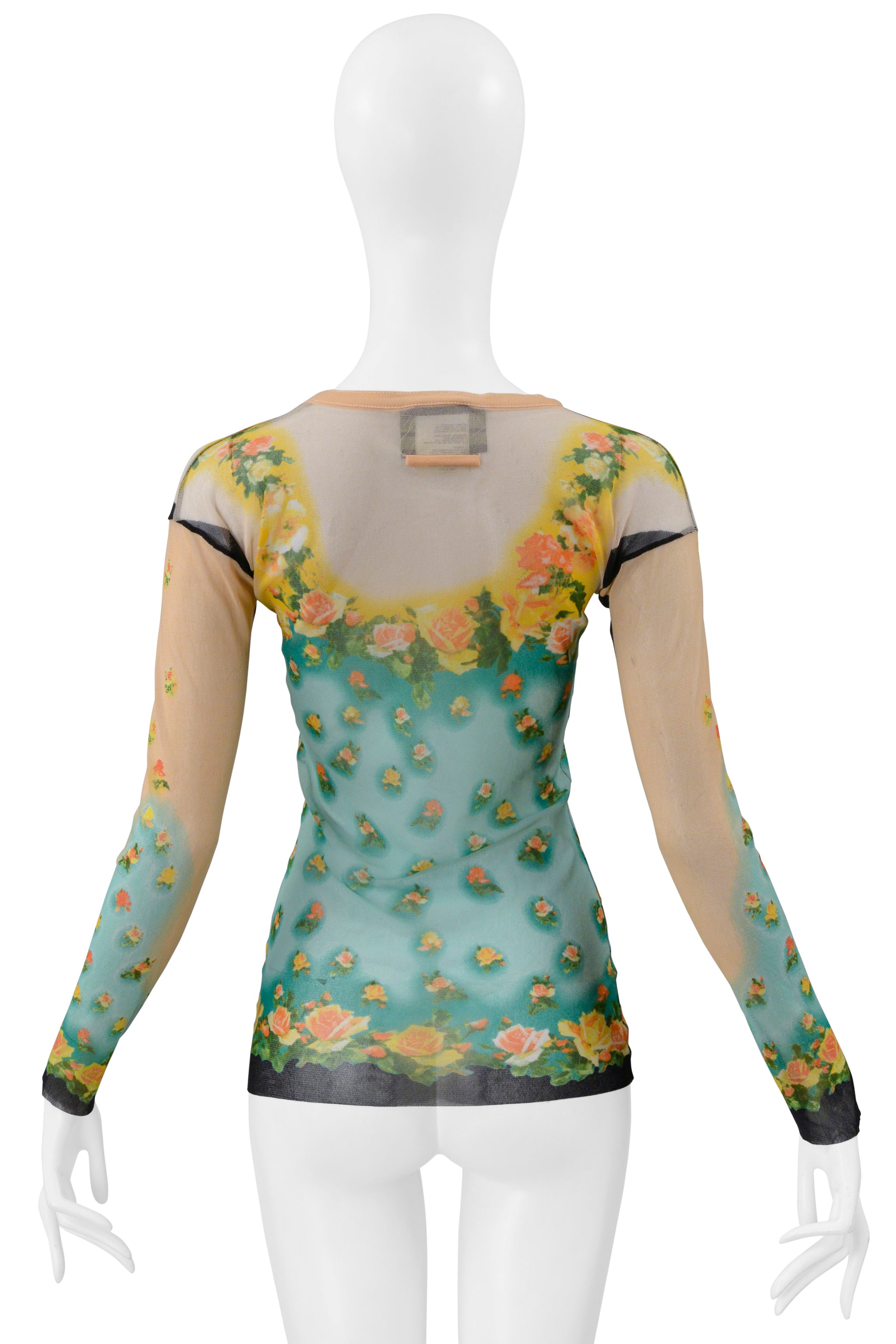 JEAN PAUL GAULTIER MINT GREEN AND PEACH FLORAL MESH LONG SLEEVE TOP