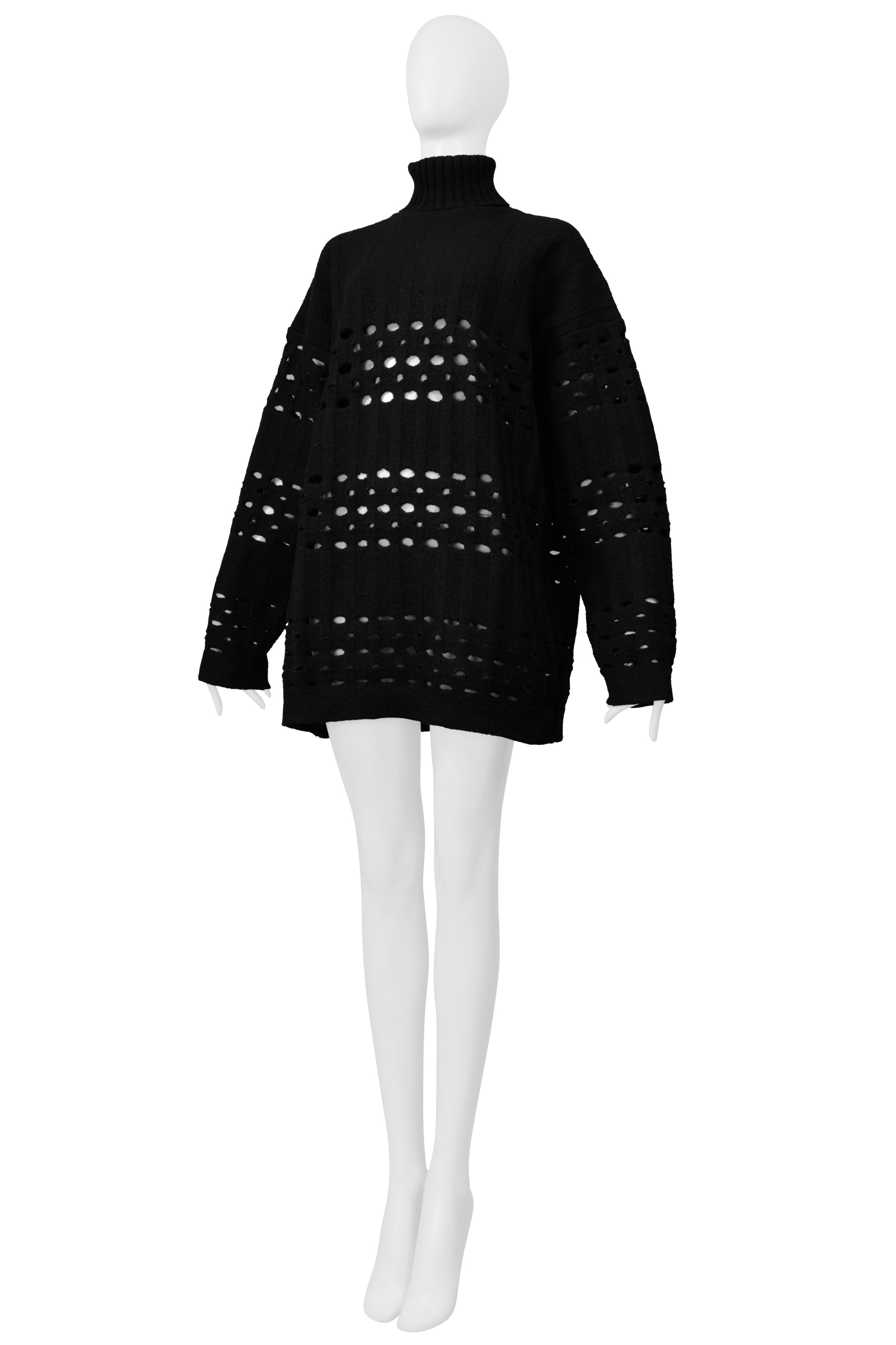 ROMEO GIGLI BLACK OVERSIZED LASER PULLOVER SWEATER WITH HIGH NECK 1996