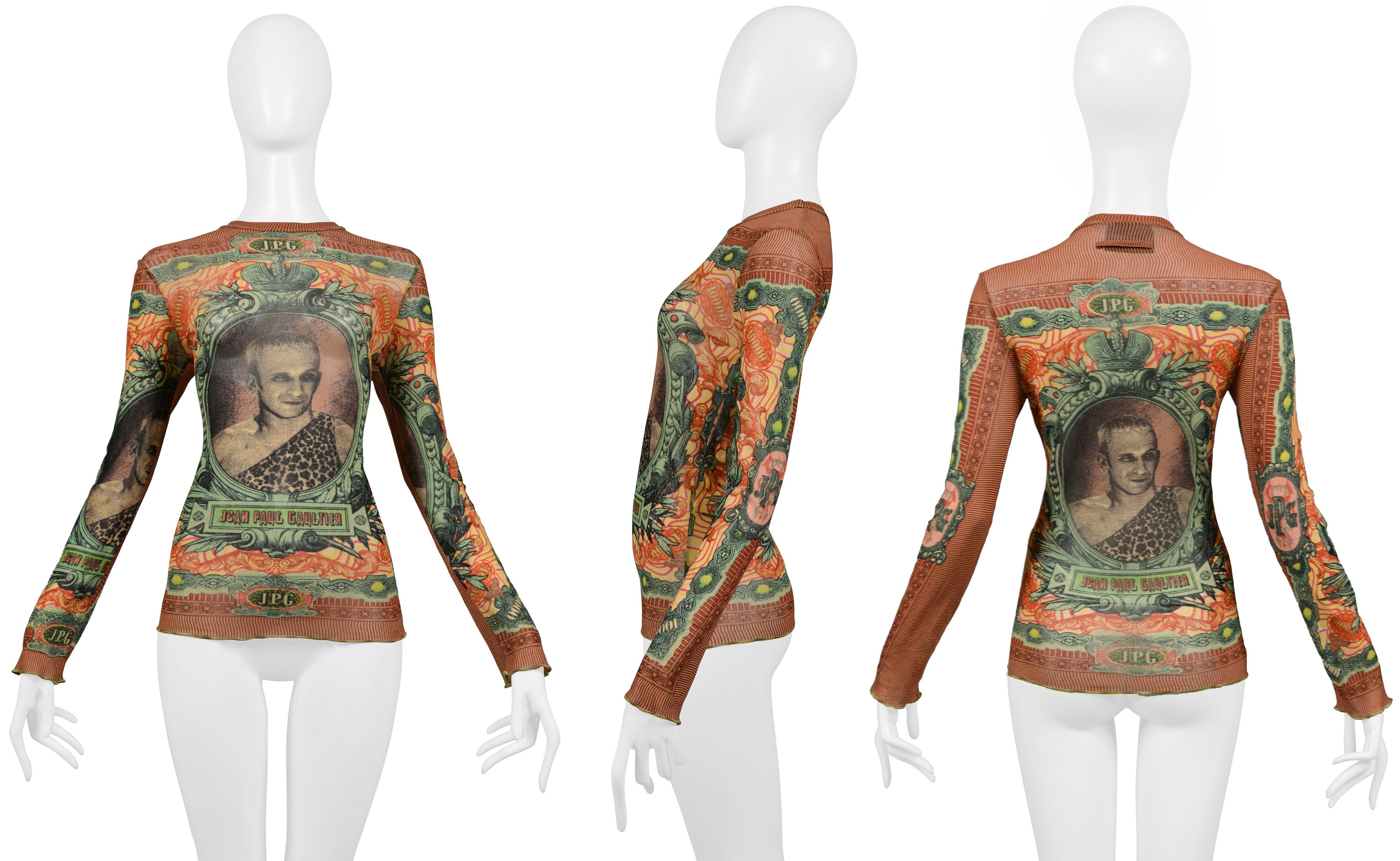 JEAN PAUL GAULTIER MULTICOLOR PORTRAIT & "MONEY" PRINT MESH TOP 1994