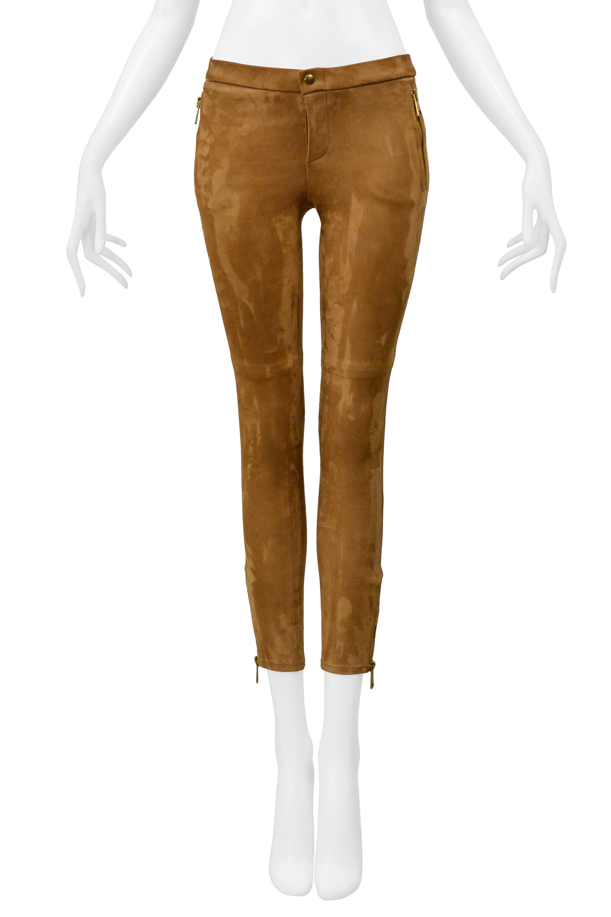 GUCCI BROWN SUEDE PANTS WITH GOLD ZIPPERS