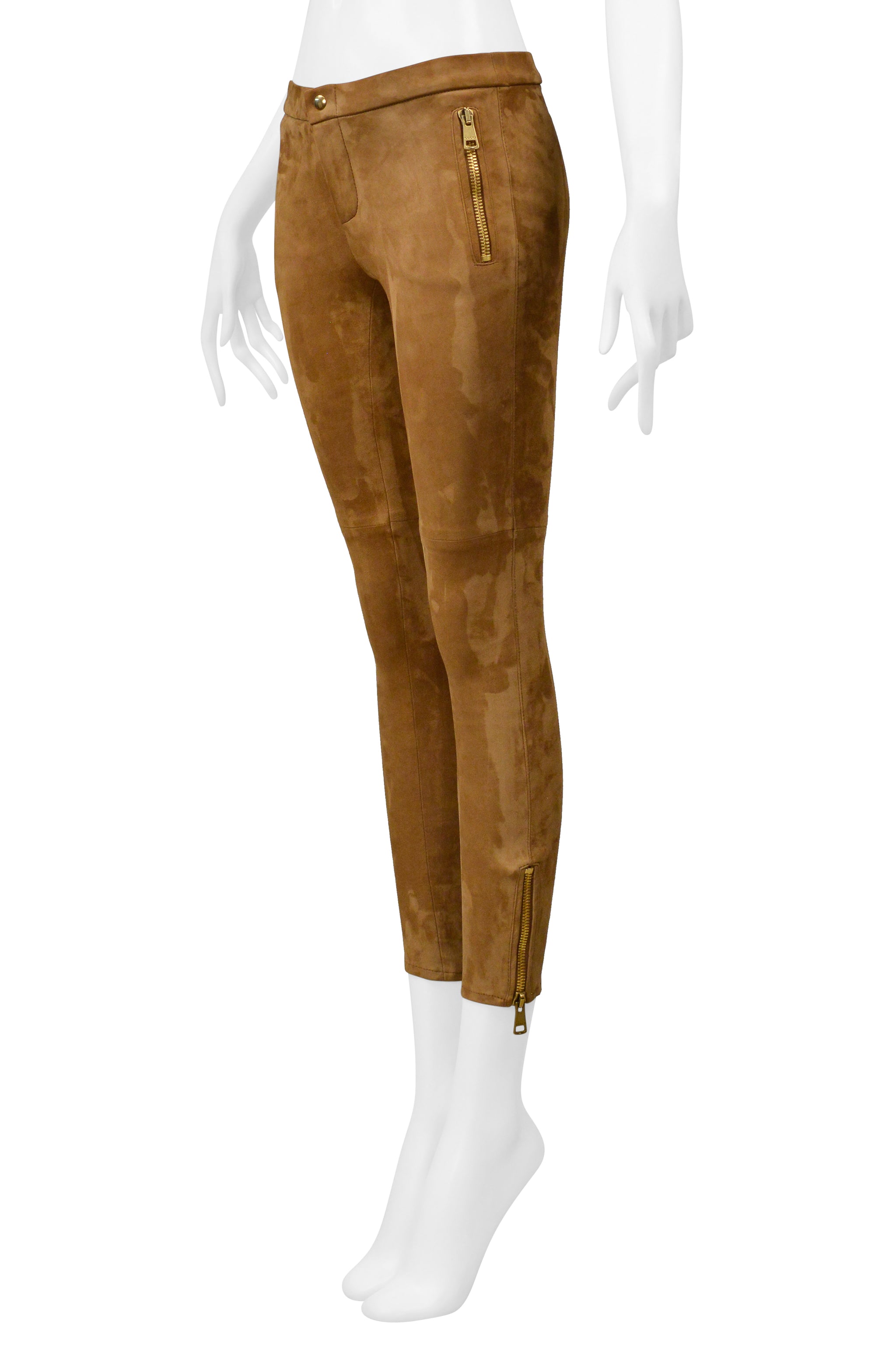 GUCCI BROWN SUEDE PANTS WITH GOLD ZIPPERS