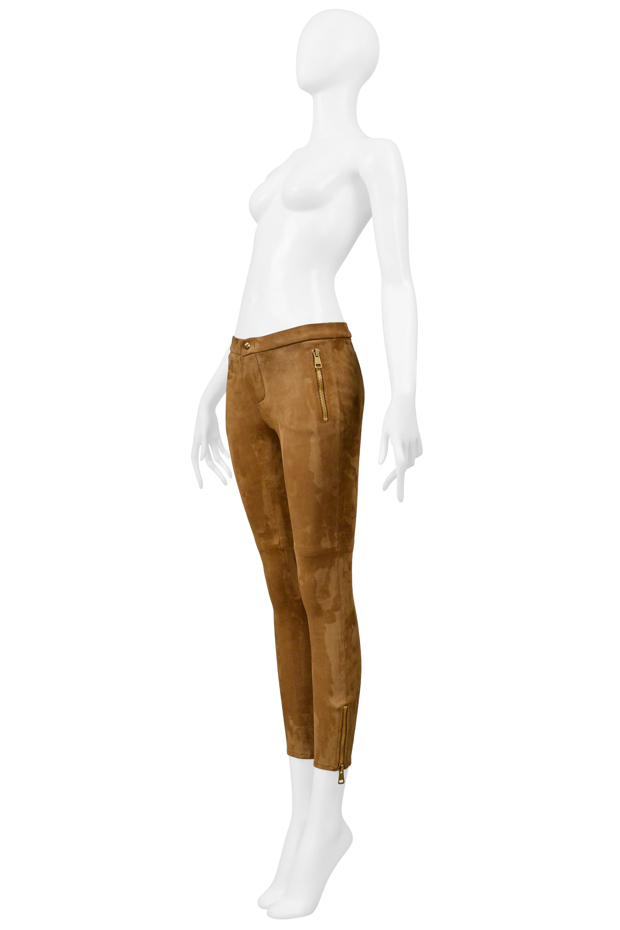 GUCCI BROWN SUEDE PANTS WITH GOLD ZIPPERS
