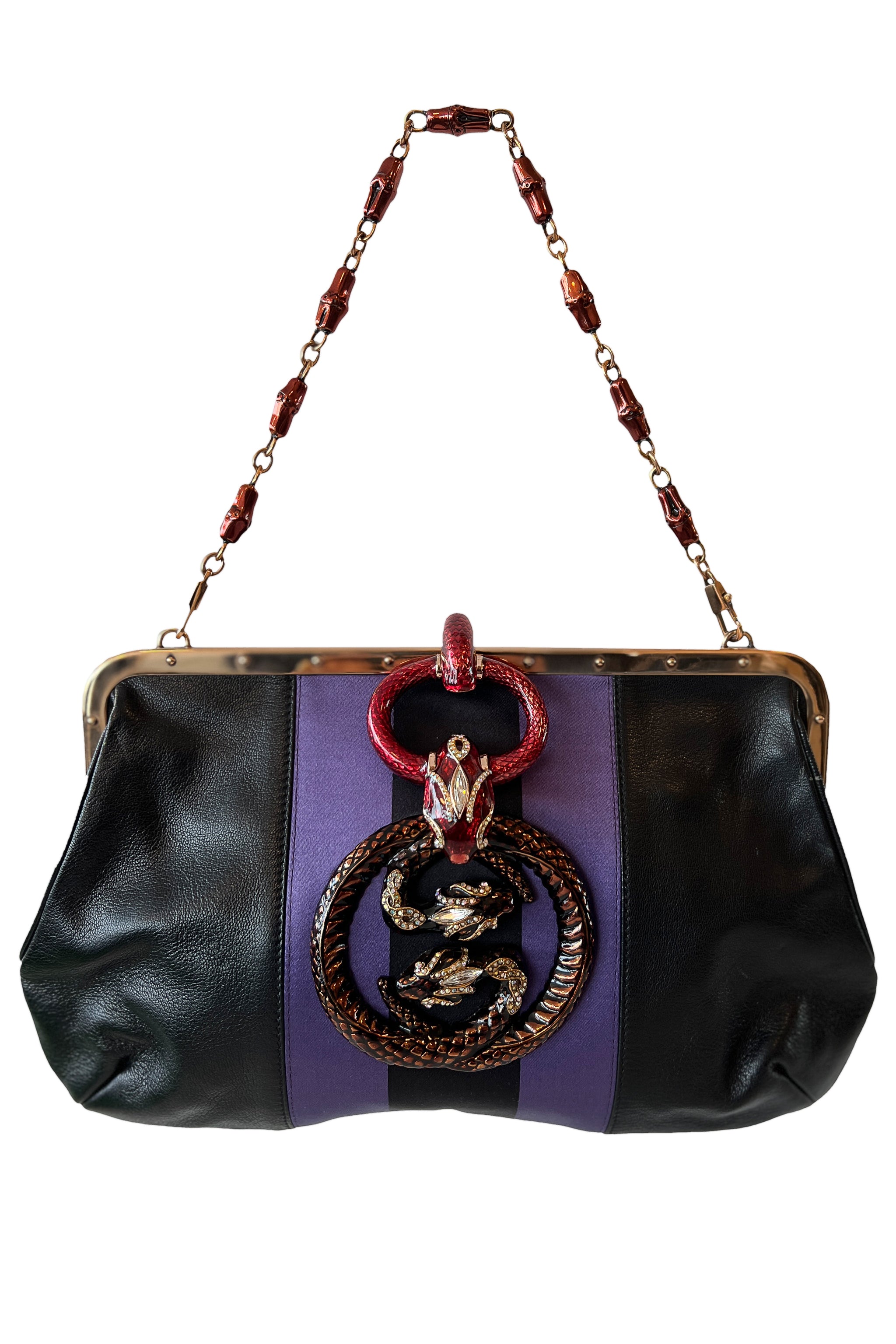 GUCCI BY TOM FORD PURPLE SATIN & BLACK LEATHER SERPENT & SNAKE EMBLEM BAG 2004