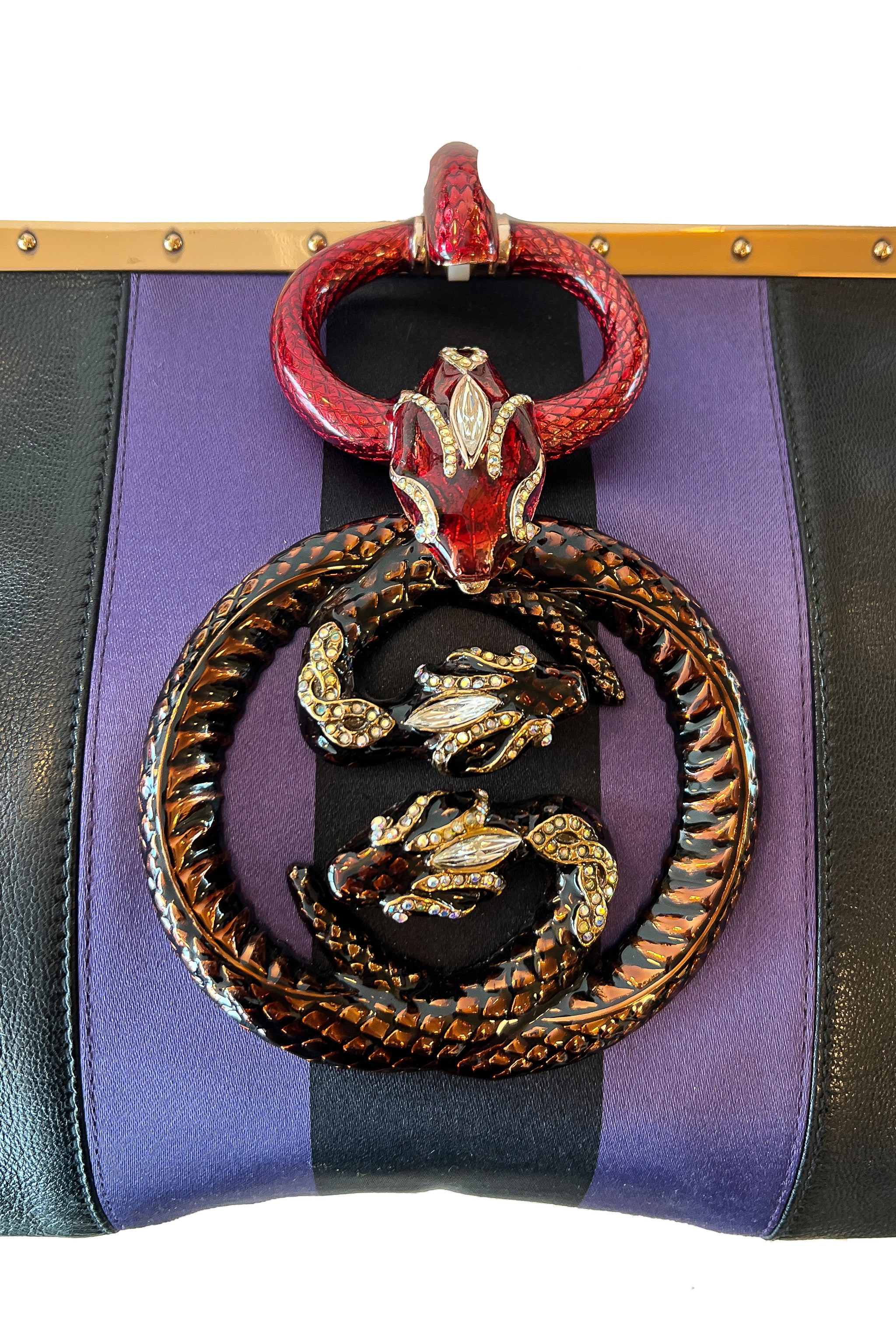 GUCCI BY TOM FORD PURPLE SATIN & BLACK LEATHER SERPENT & SNAKE EMBLEM BAG 2004