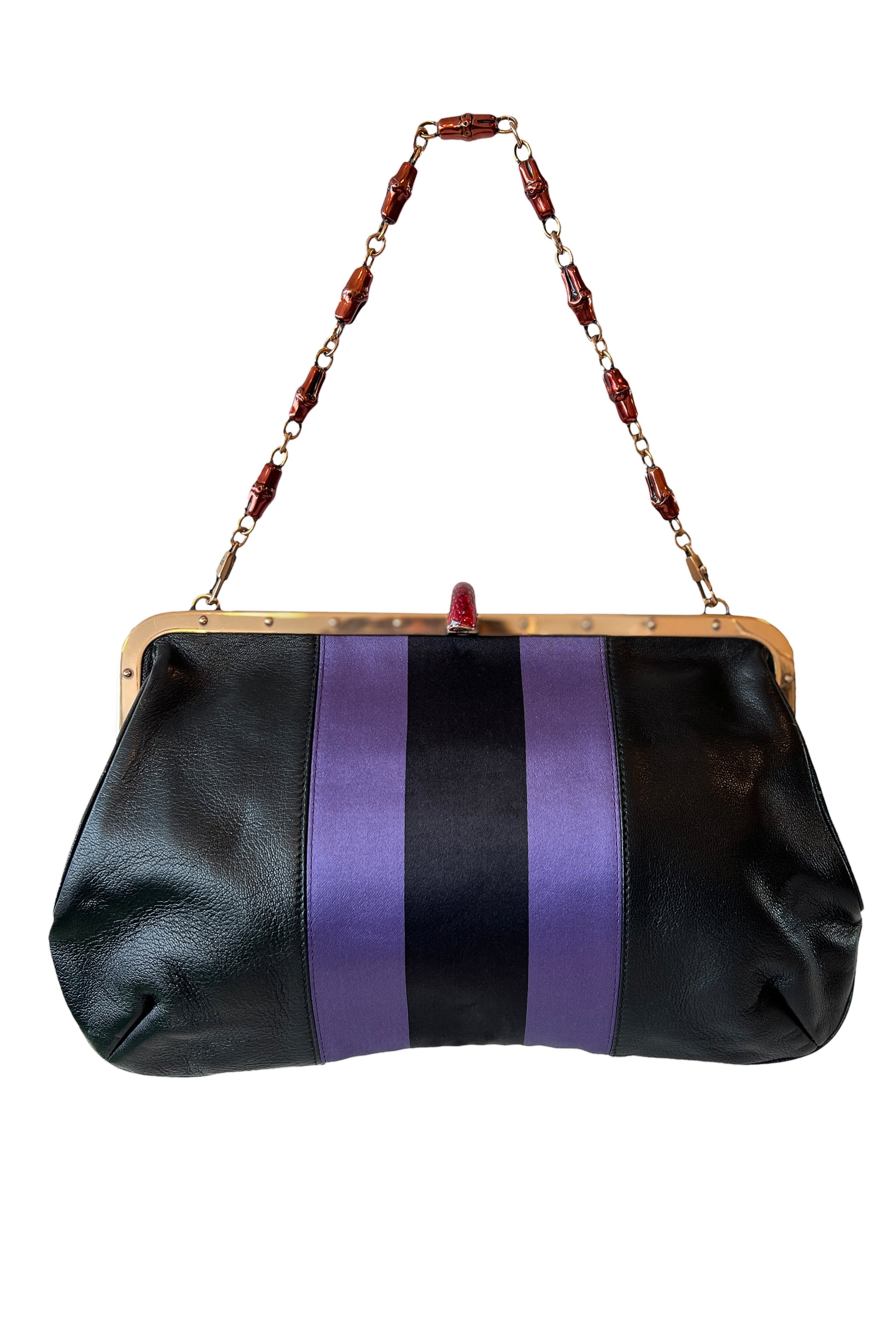 GUCCI BY TOM FORD PURPLE SATIN & BLACK LEATHER SERPENT & SNAKE EMBLEM BAG 2004
