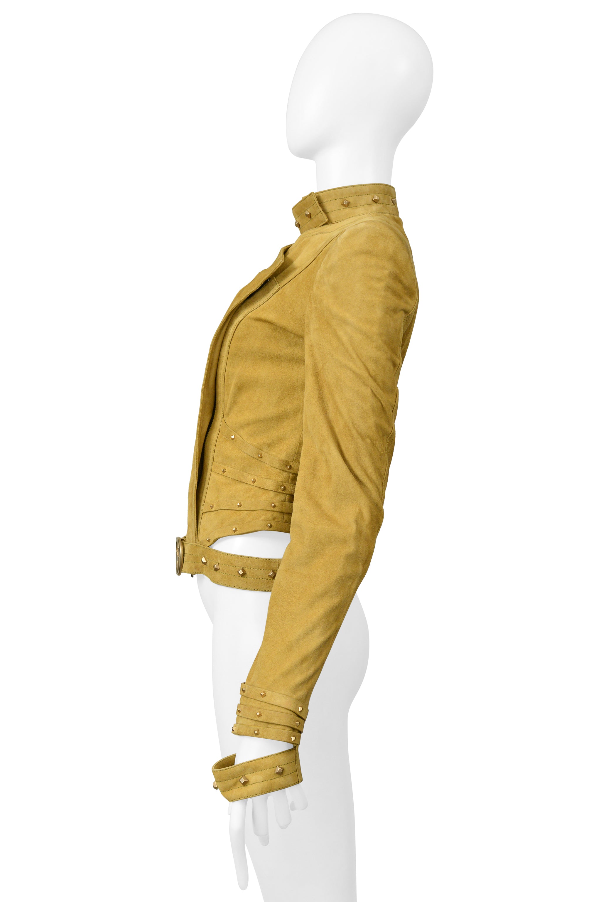 GUCCI BY TOM FORD GOLD SUEDE MOTO JACKET WITH CUT OUTS & STUDS