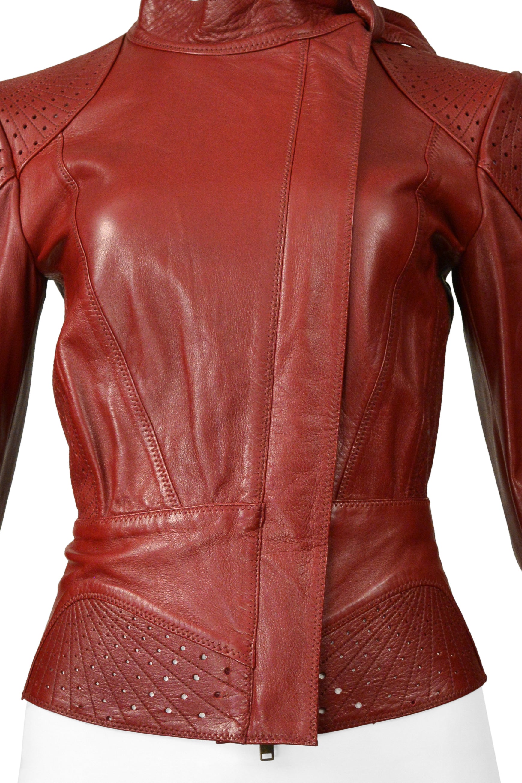 GUCCI BY TOM FORD RED LEATHER PERFORATED MOTO JACKET