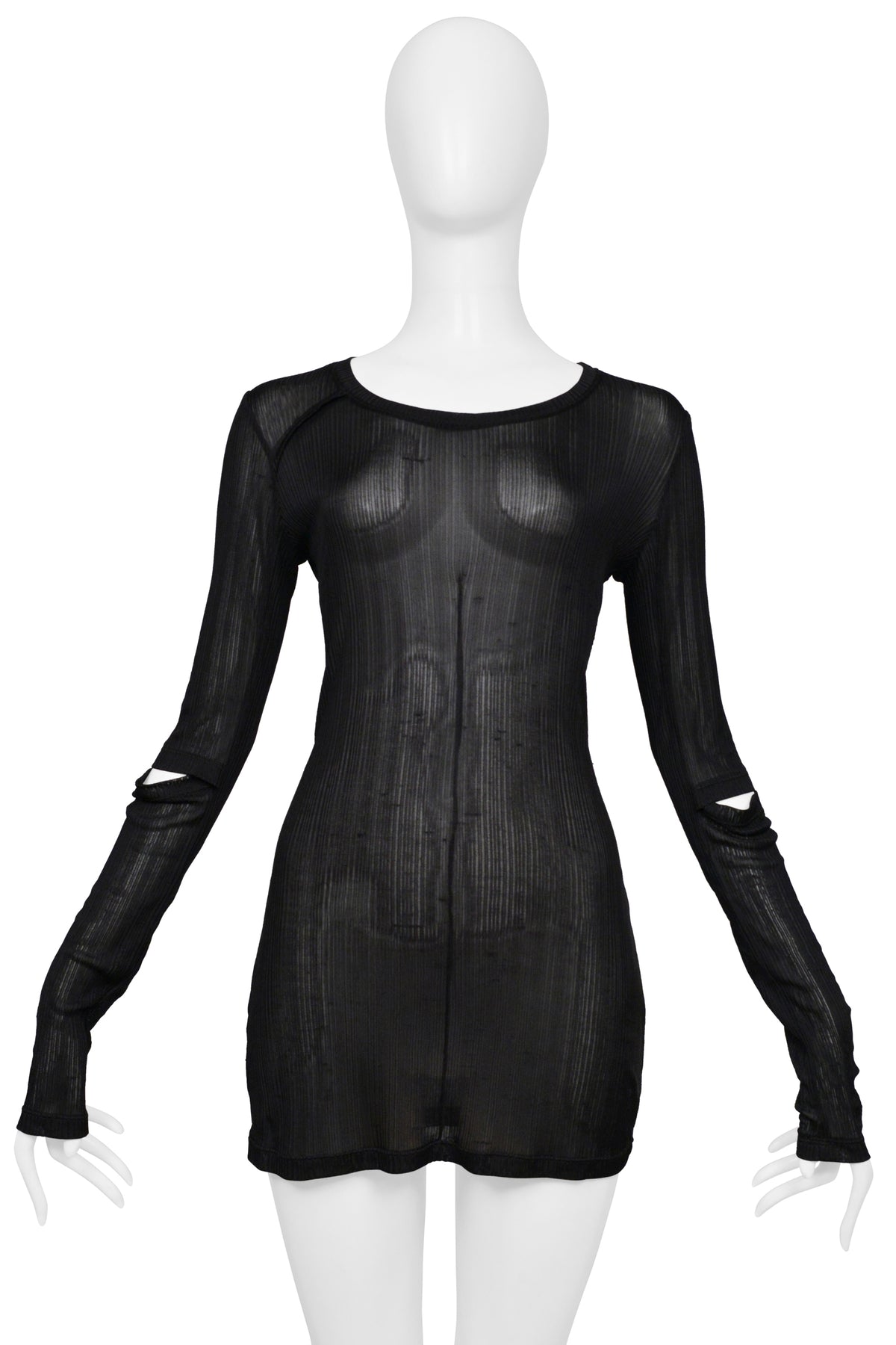 HELMUT LANG BLACK SHEER LONG SLEEVE TOP WITH CUT OUT SLEEVES