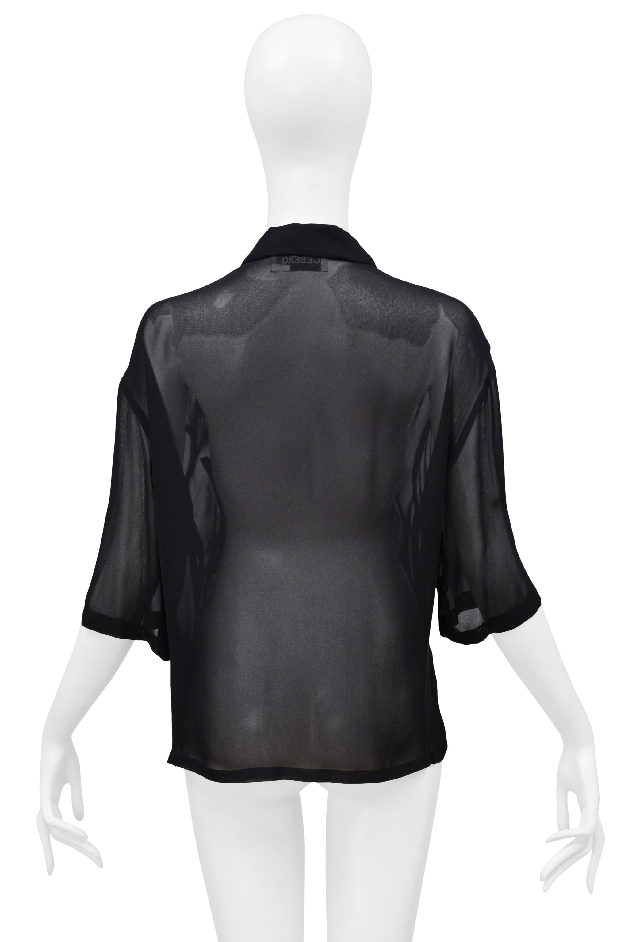 ICEBERG BLACK SILK SHEER TOP WITH YELLOW FLORAL EMBROIDERY & RHINESTONES