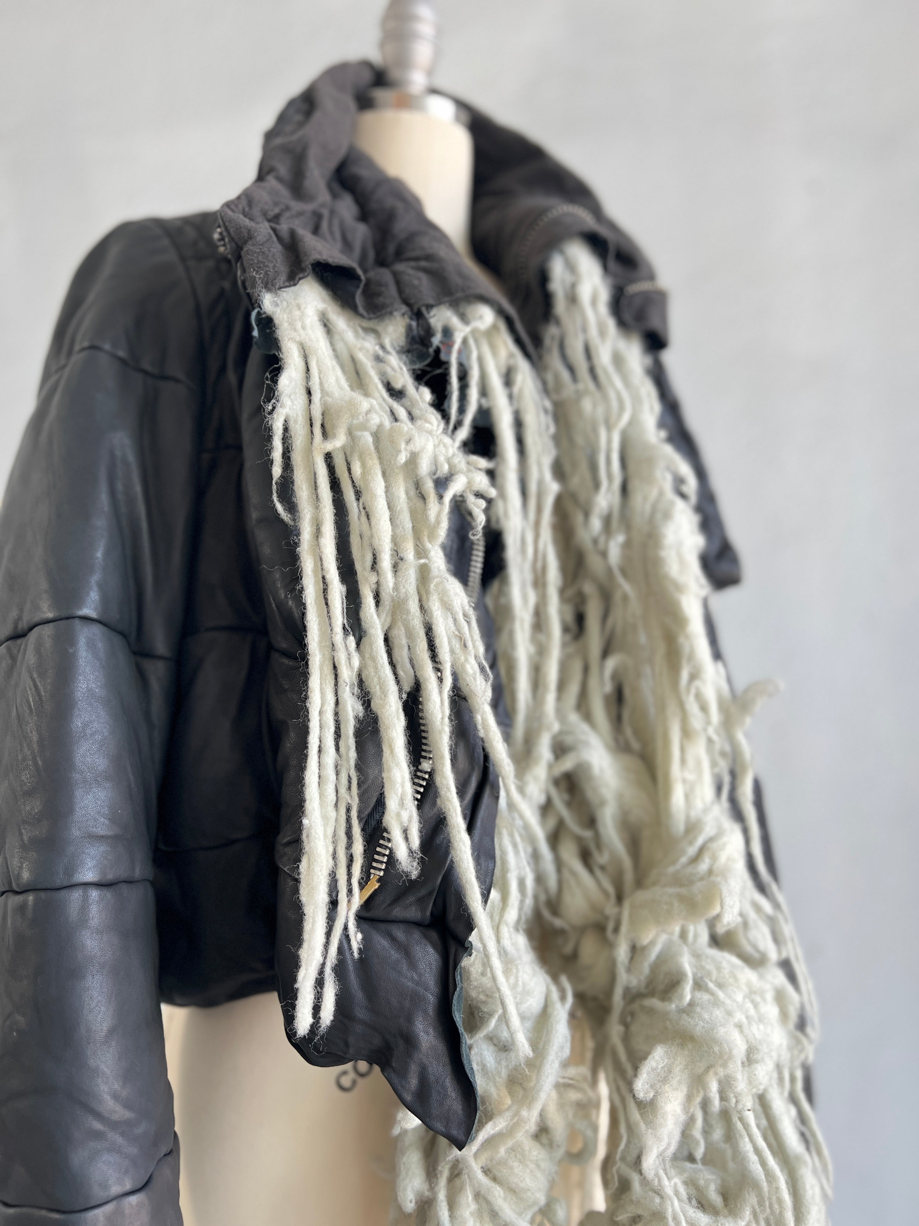 RICK OWENS BLACK LEATHER PADDED JACKET WITH WOOL TUFTS AW 2003