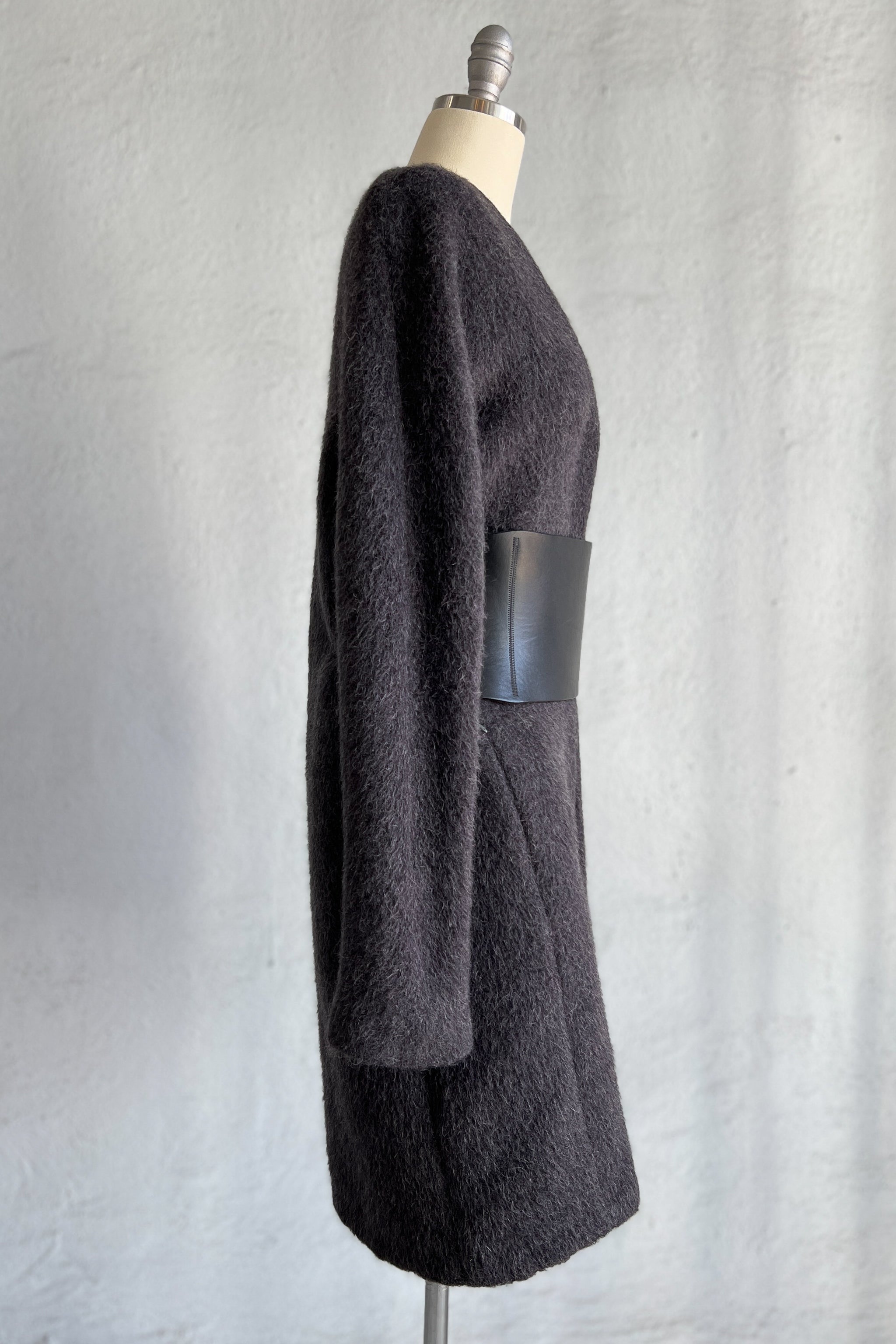 MAISON MARTIN MARGIELA GREY MOHAIR COAT WITH VERTICAL ZIPPERS AND LEATHER OBI BELT AW 1996