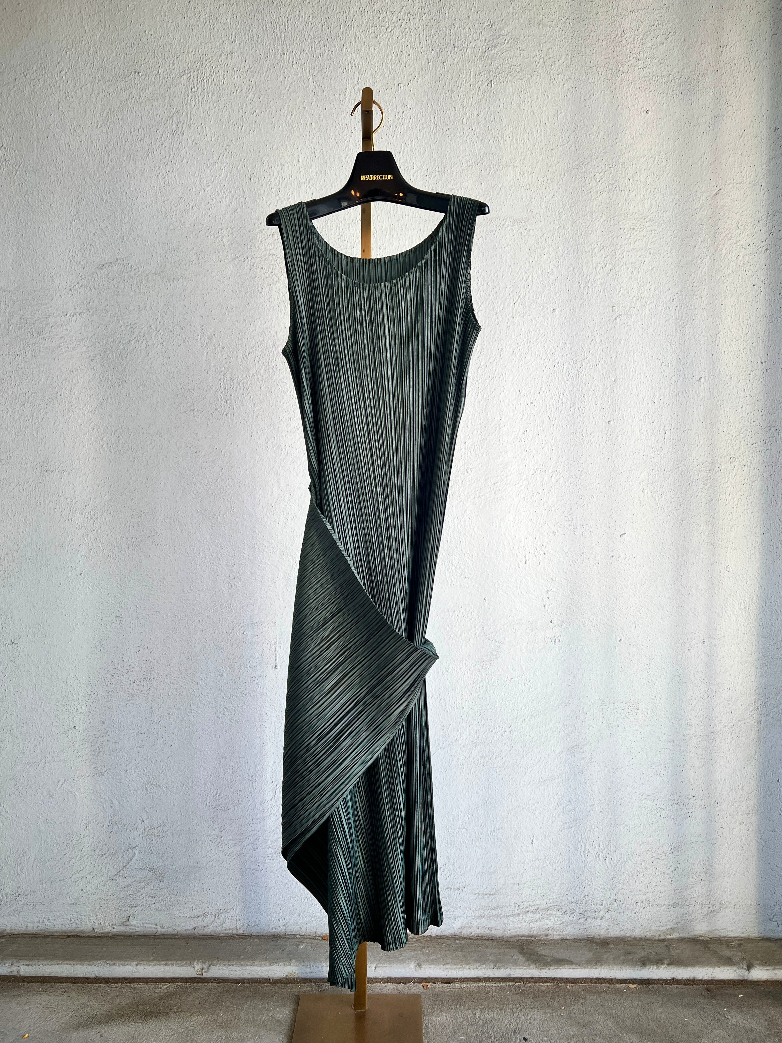 ISSEY MIYAKE MOSS GREEN PLEATED DRESS WITH WRAP SKIRT SS 1999