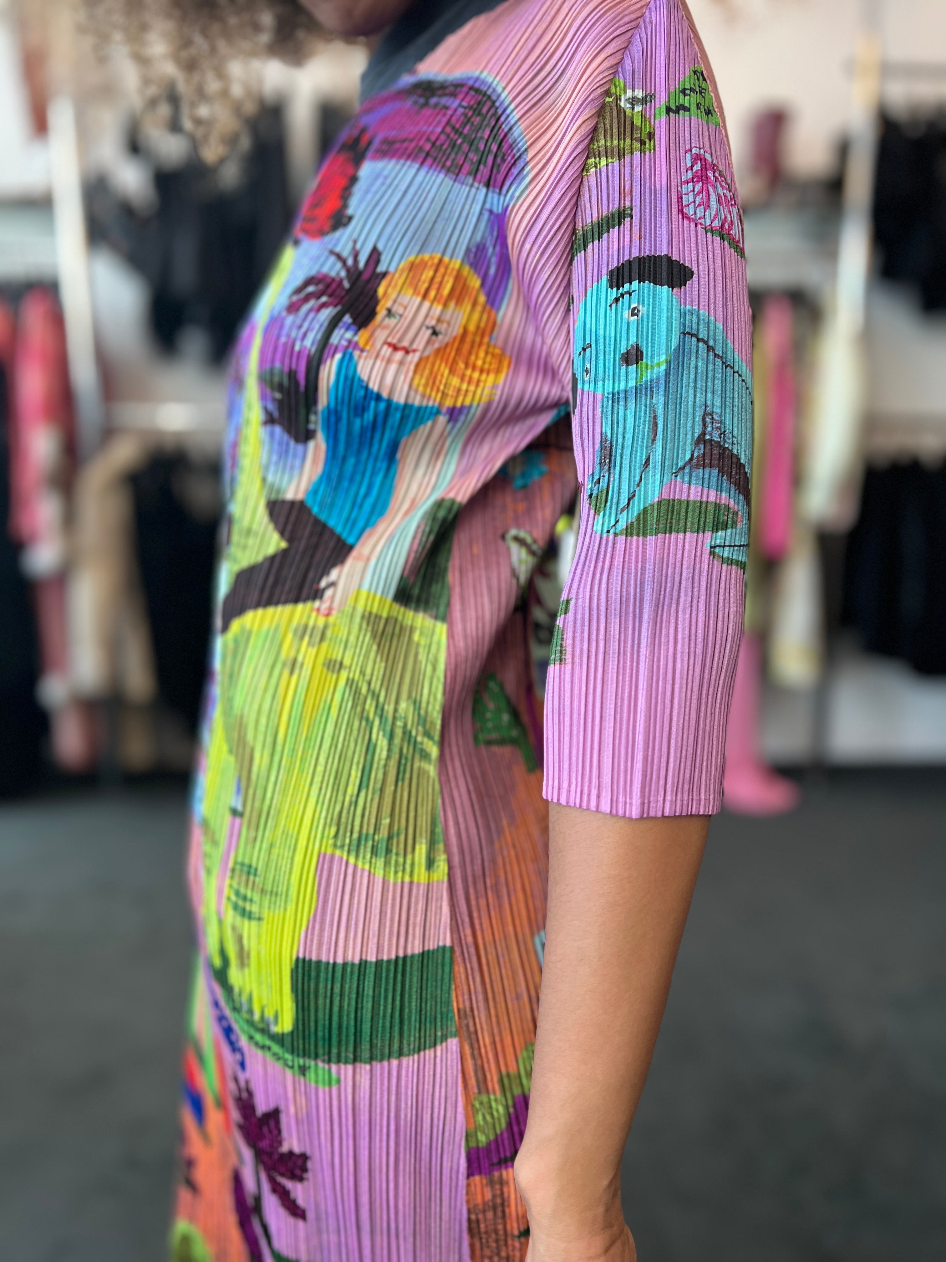 ISSEY MIYAKE 2006 ARTIST SERIES PINK DRESS WITH "DINOS EDEN" PRINT BY NATHALIE LETE