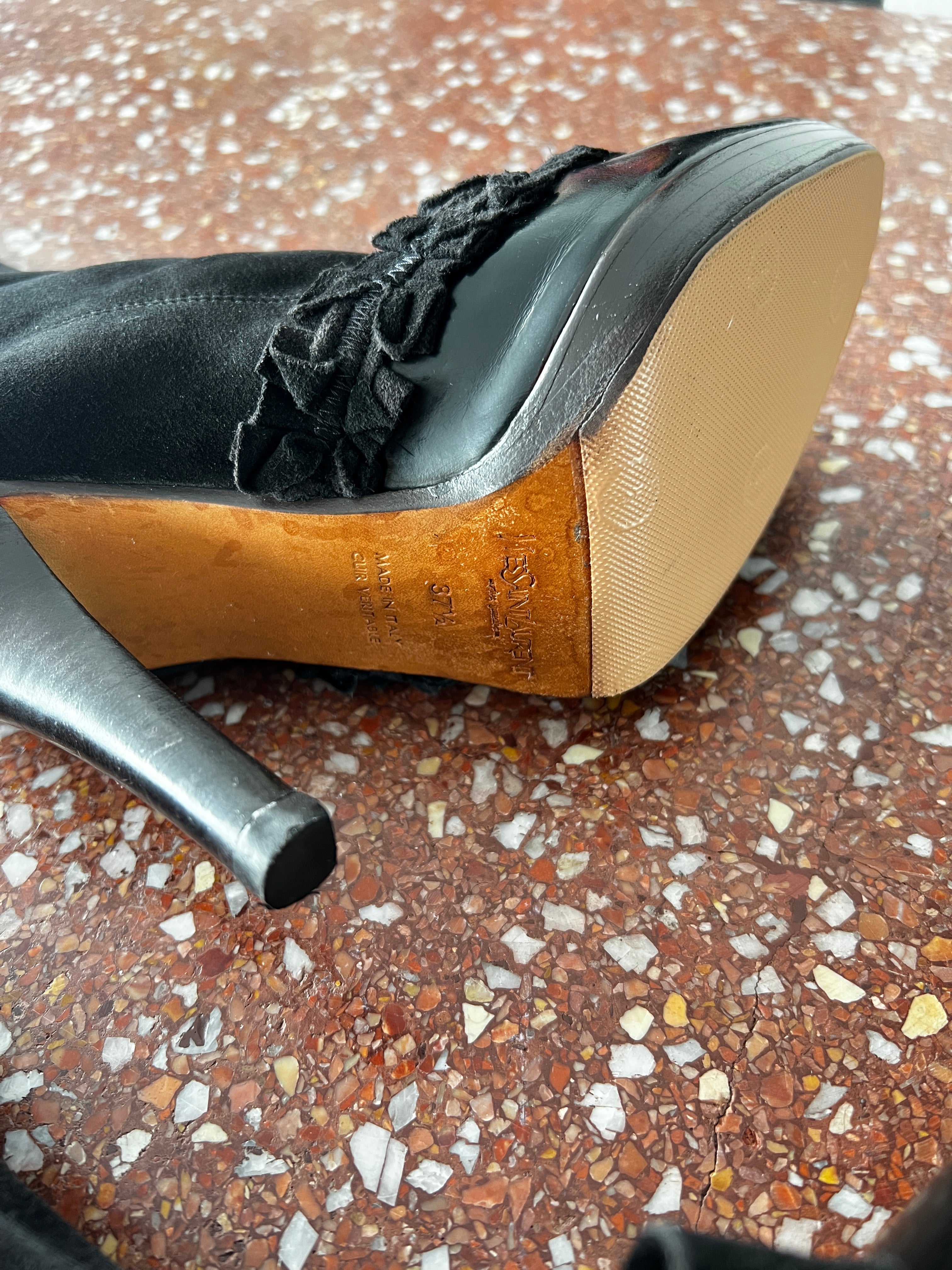 YSL TOM FORD BLACK SUEDE & LEATHER THIGH HIGH BOOTS WITH BOW DETAIL 2002