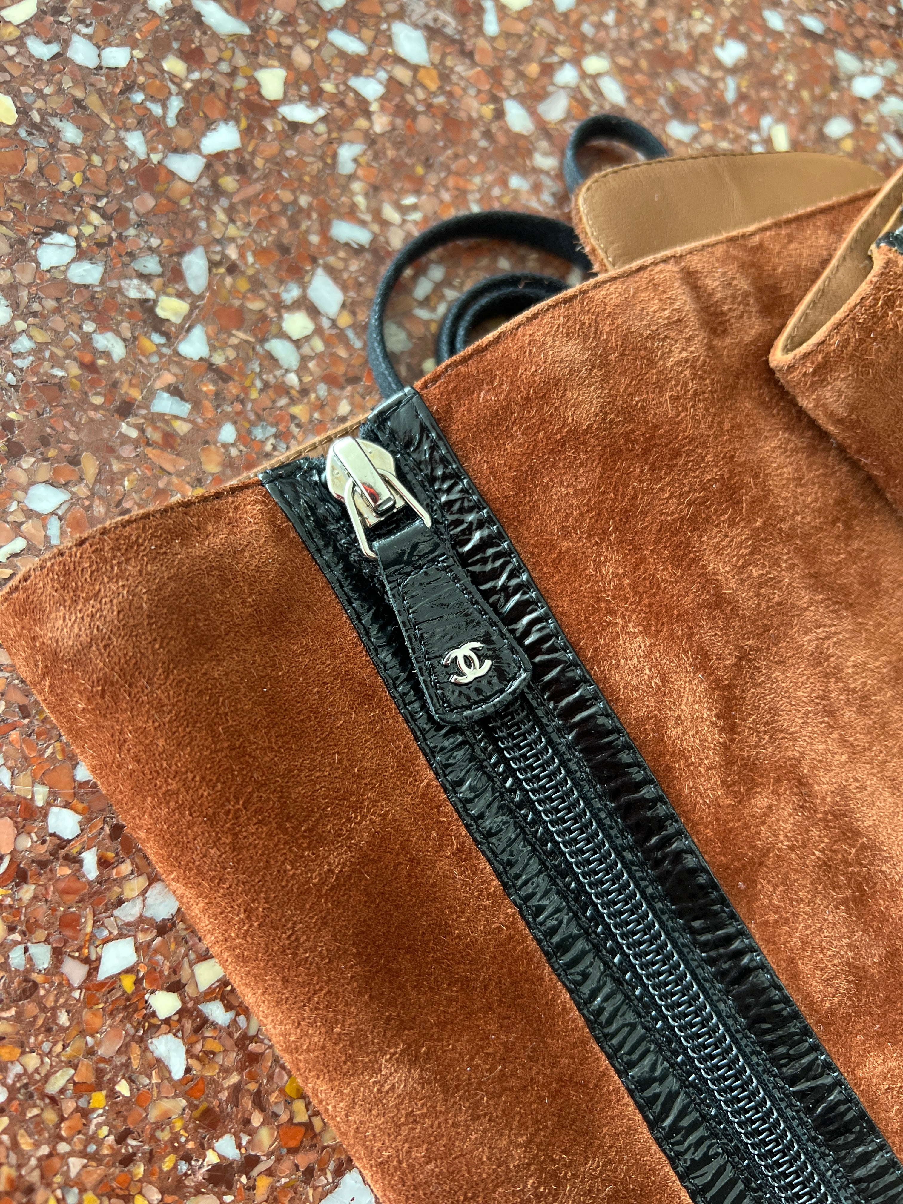 CHANEL BROWN SUEDE AND WHITE LEATHER SALZBURG BOOTS 2015