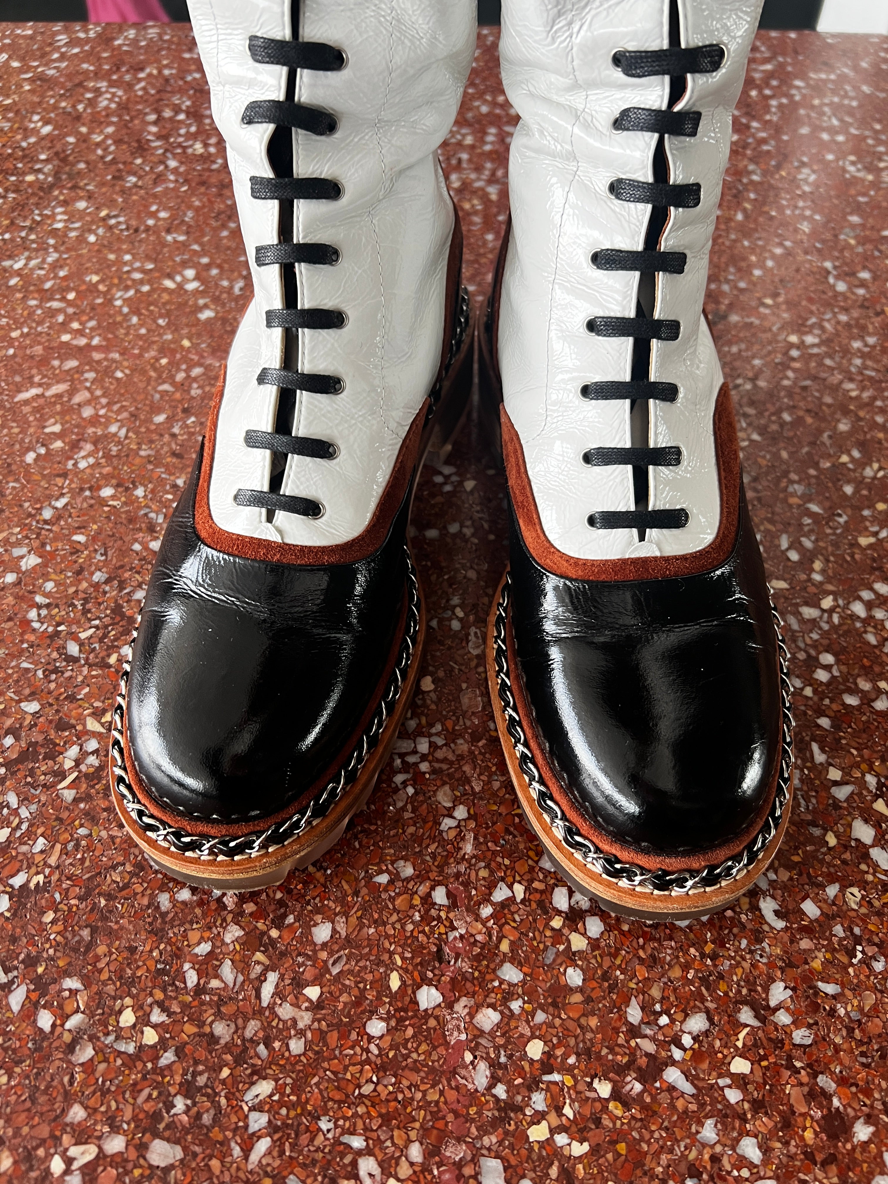 CHANEL BROWN SUEDE AND WHITE LEATHER SALZBURG BOOTS 2015