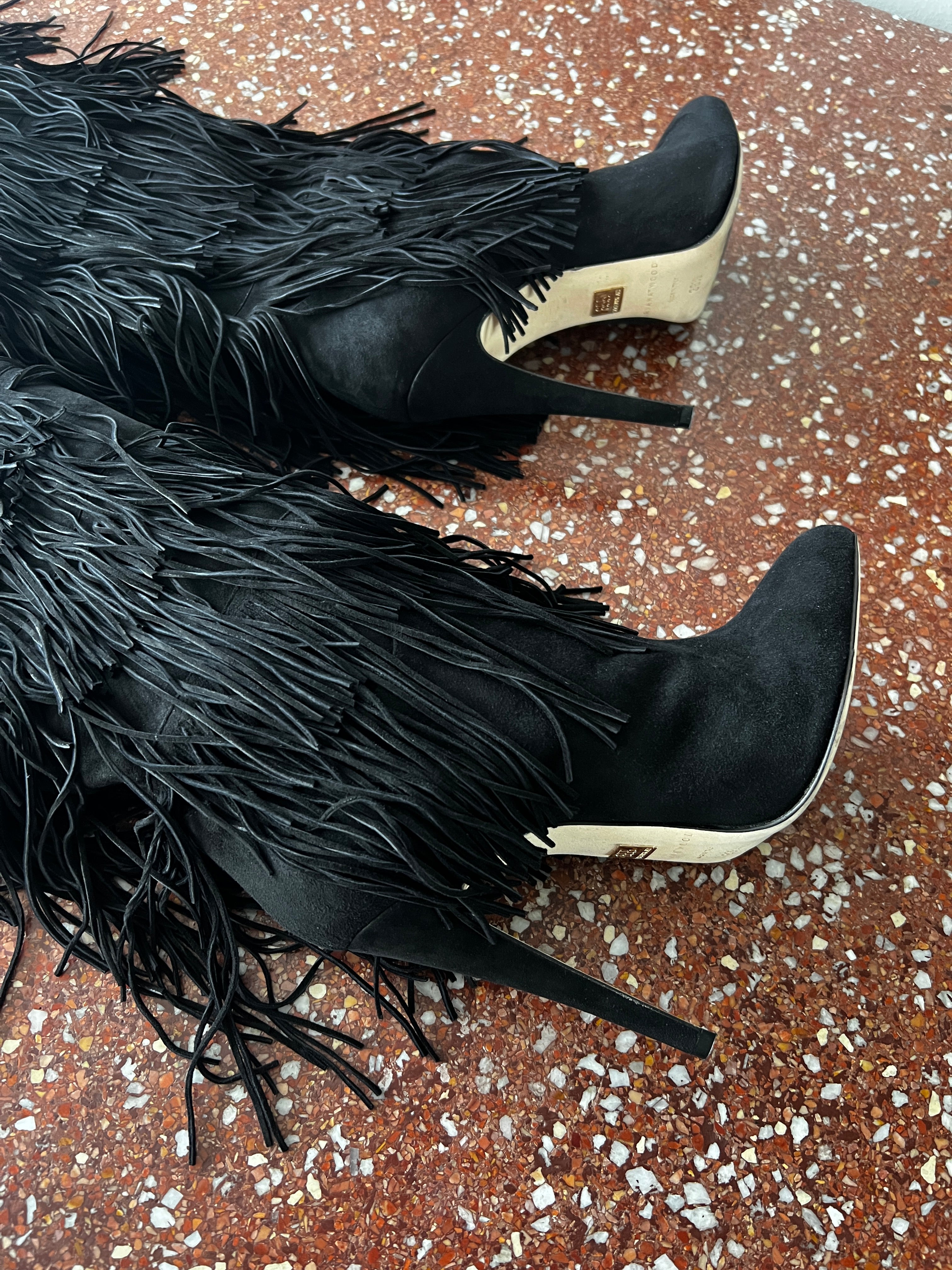 BRIAN ATWOOD BLACK SUEDE THIGH HIGH BOOTS WITH FRINGE