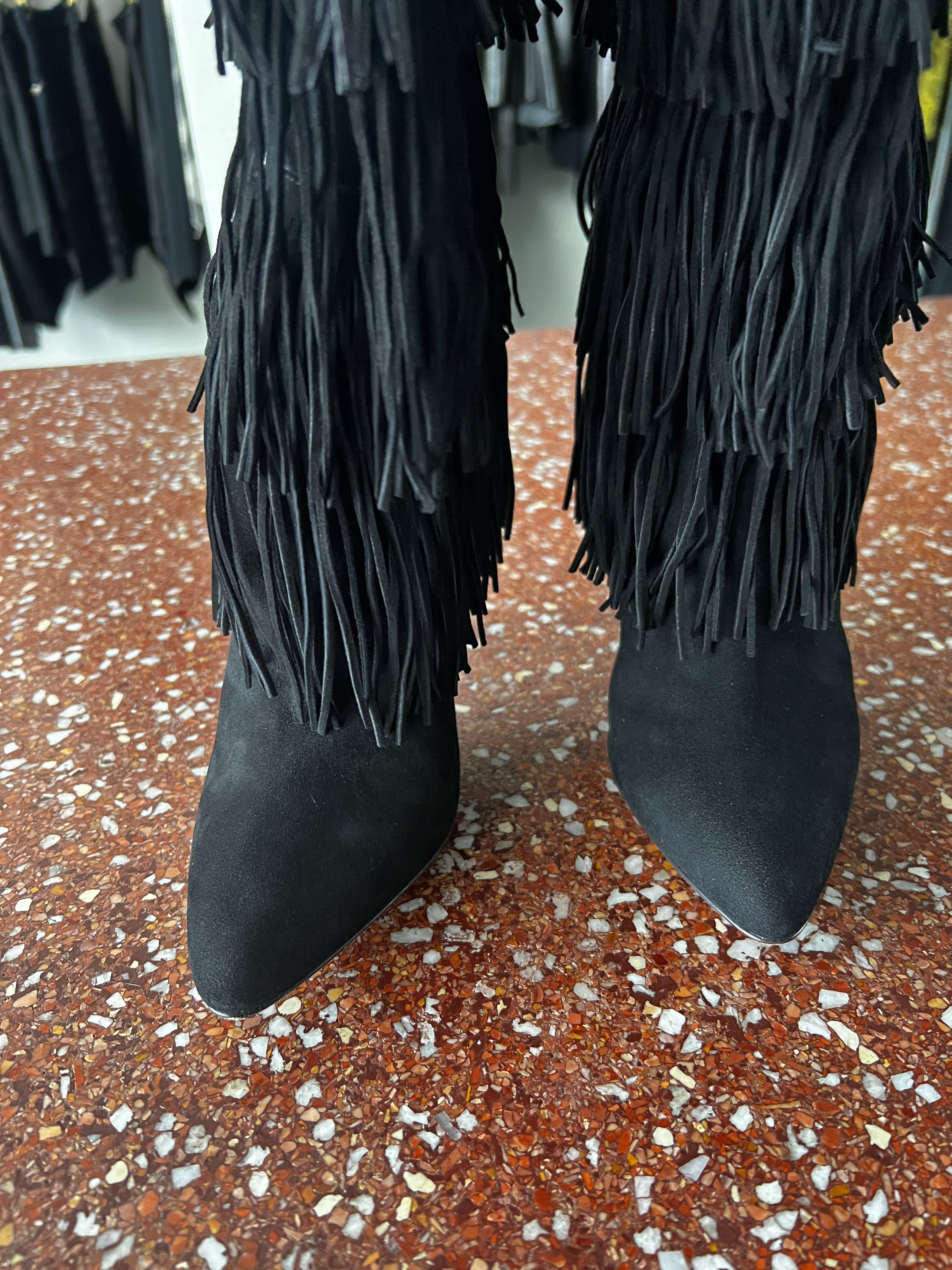 BRIAN ATWOOD BLACK SUEDE THIGH HIGH BOOTS WITH FRINGE