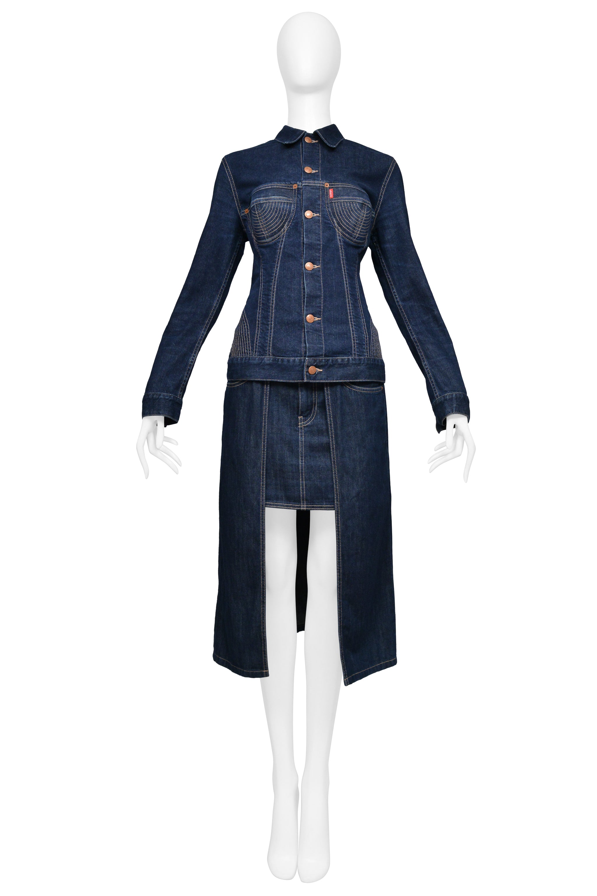 JEAN PAUL GAULTIER 2010 DENIM JACKET AND SKIRT ENSEMBLE