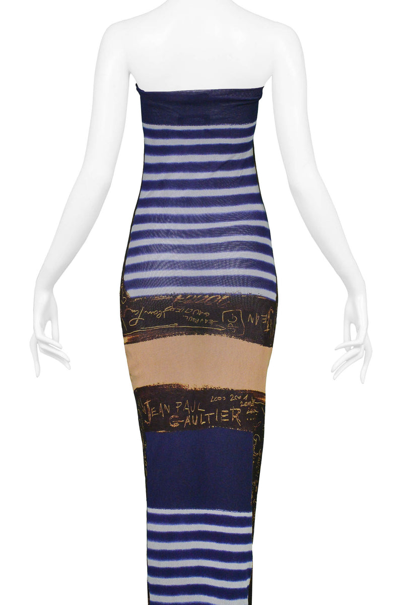 JEAN PAUL GAULTIER FRENCH NAUTICAL STRIPED MESH DRESS WITH SIGNATURE PRINT 2001