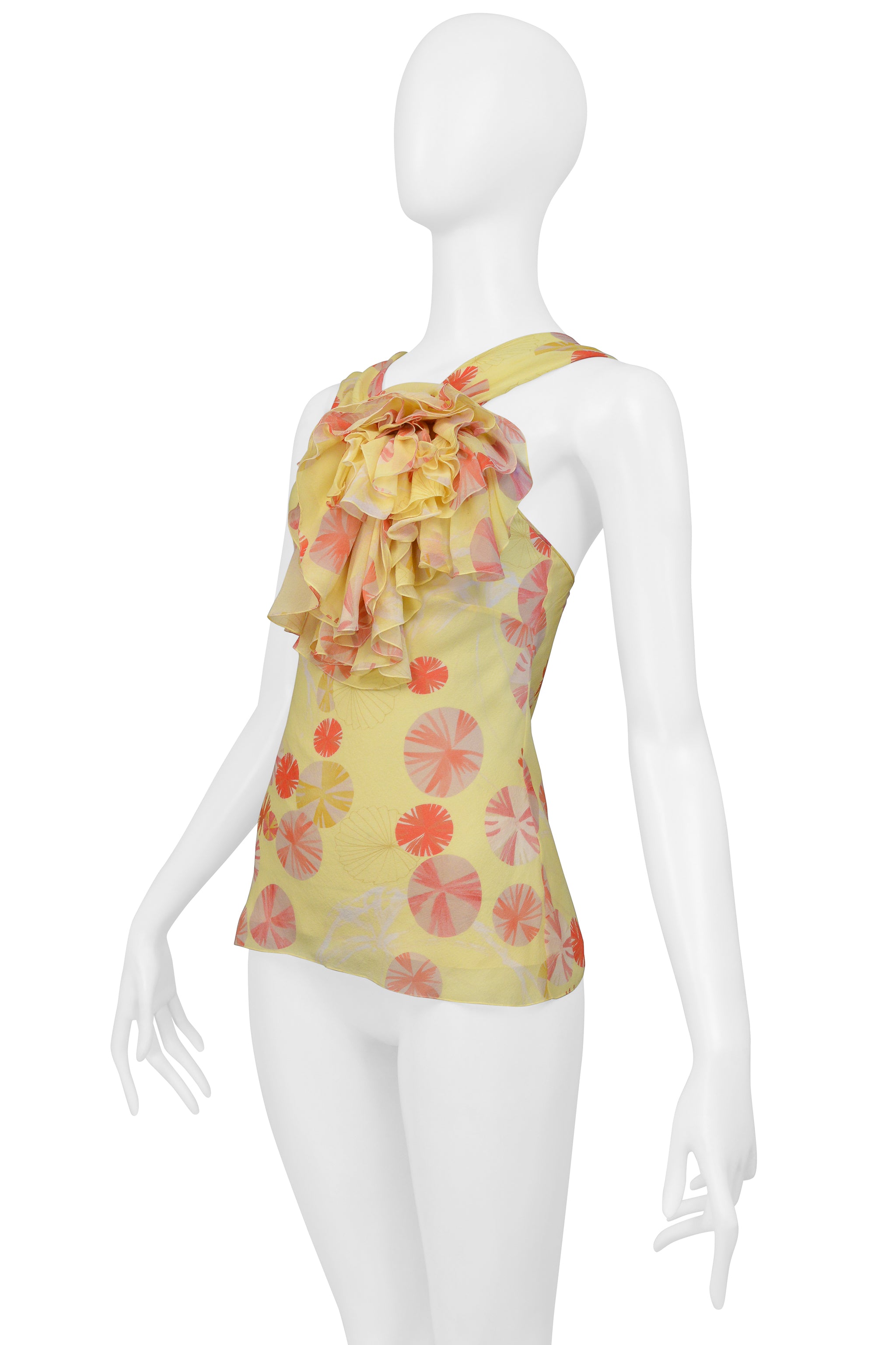 JOHN GALLIANO YELLOW SILK HALTER TOP WITH RED SWIRLS PRINT 2000S