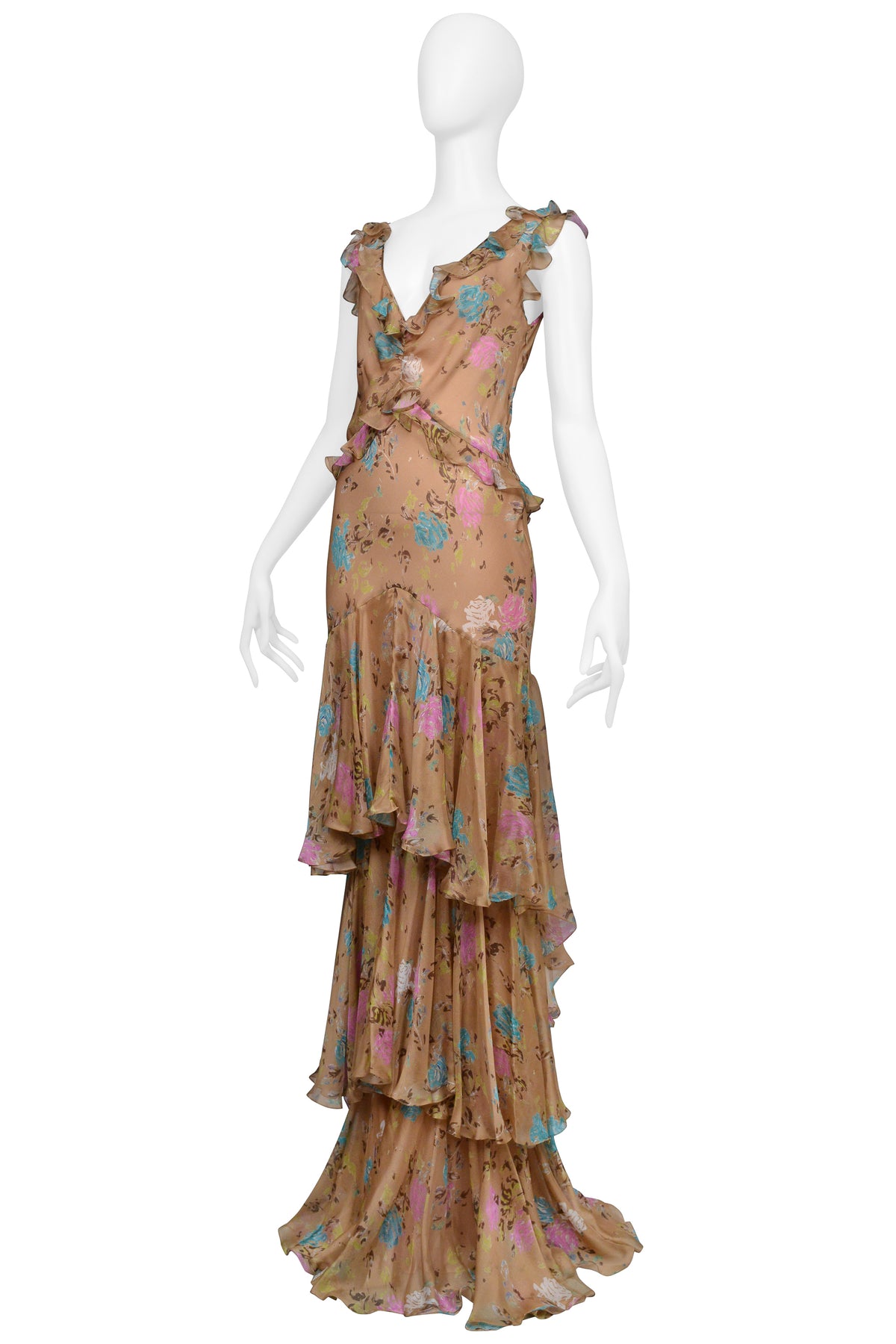 JOHN GALLIANO BROWN FLORAL GOWN WITH RUFFLES