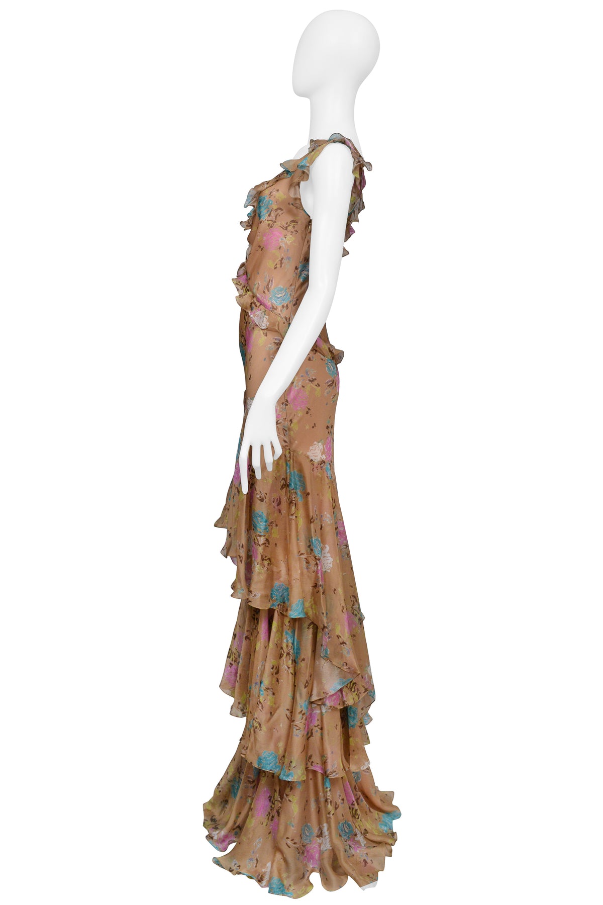 JOHN GALLIANO BROWN FLORAL GOWN WITH RUFFLES