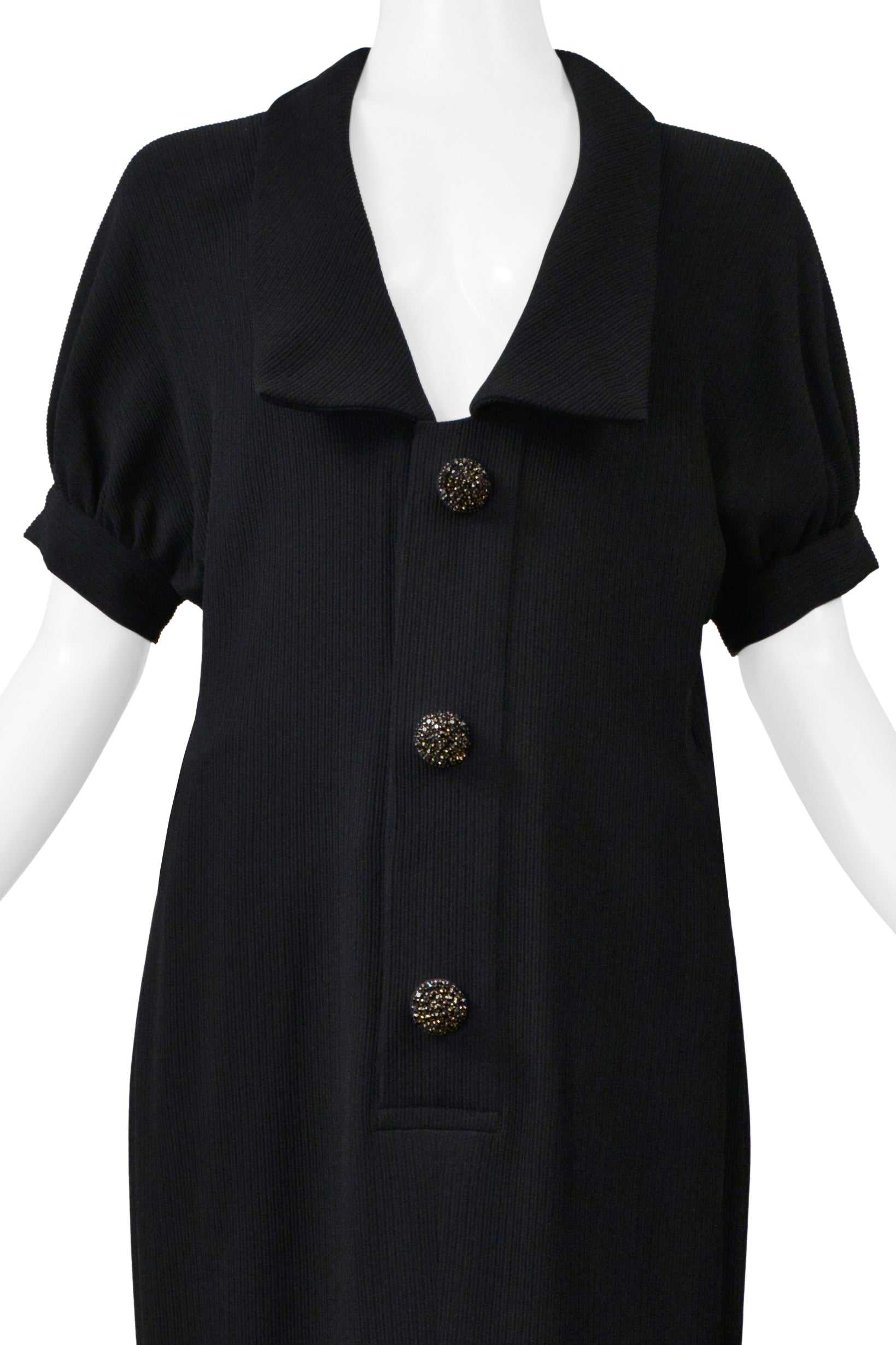 JEAN PAUL GAULTIER HAUTE COUTURE BLACK RIBBED DRESS WITH RHINESTONE BUTTONS