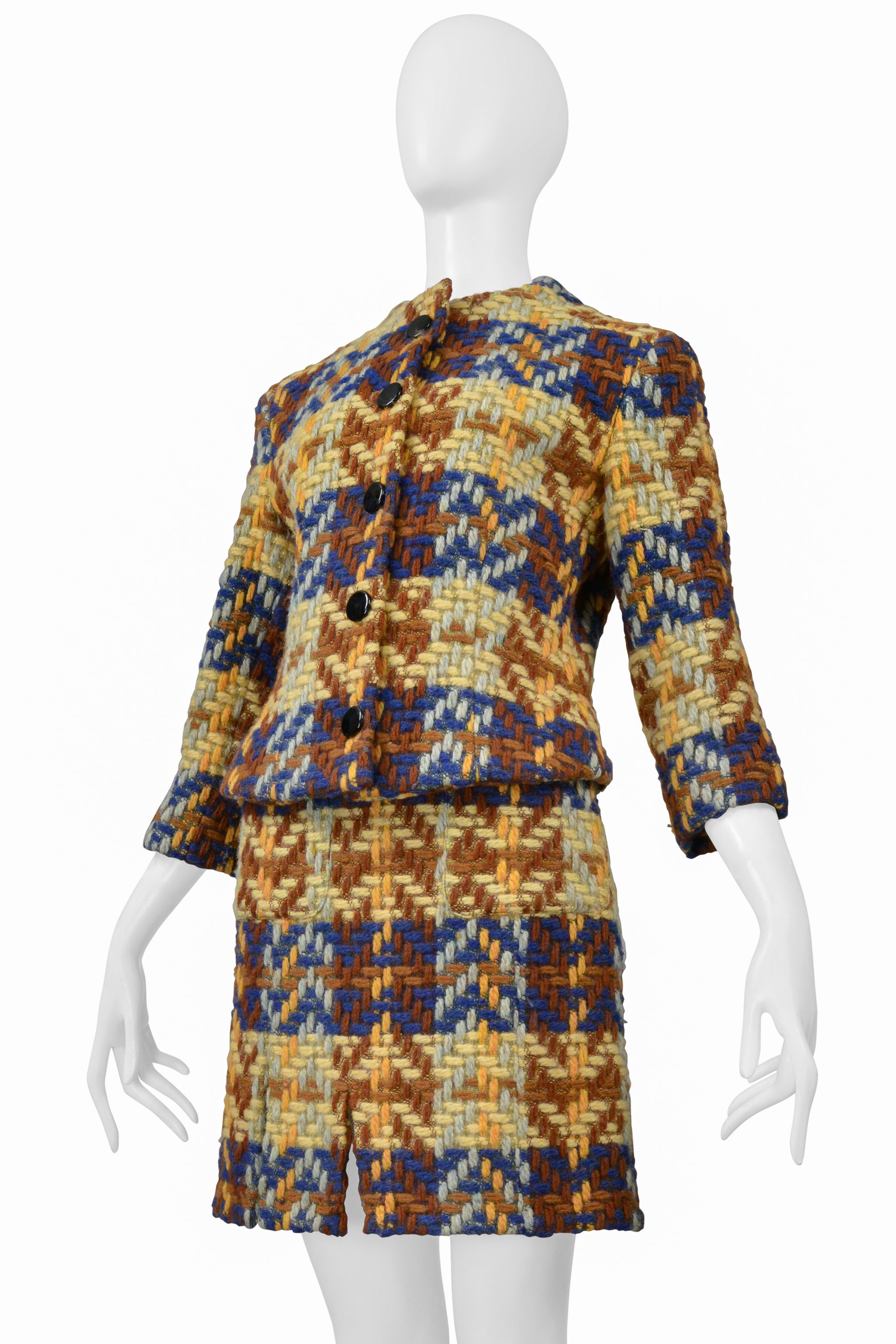 JUNKO SHIMADA BLUE, BROWN, YELLOW WOOL SKIRT SUIT