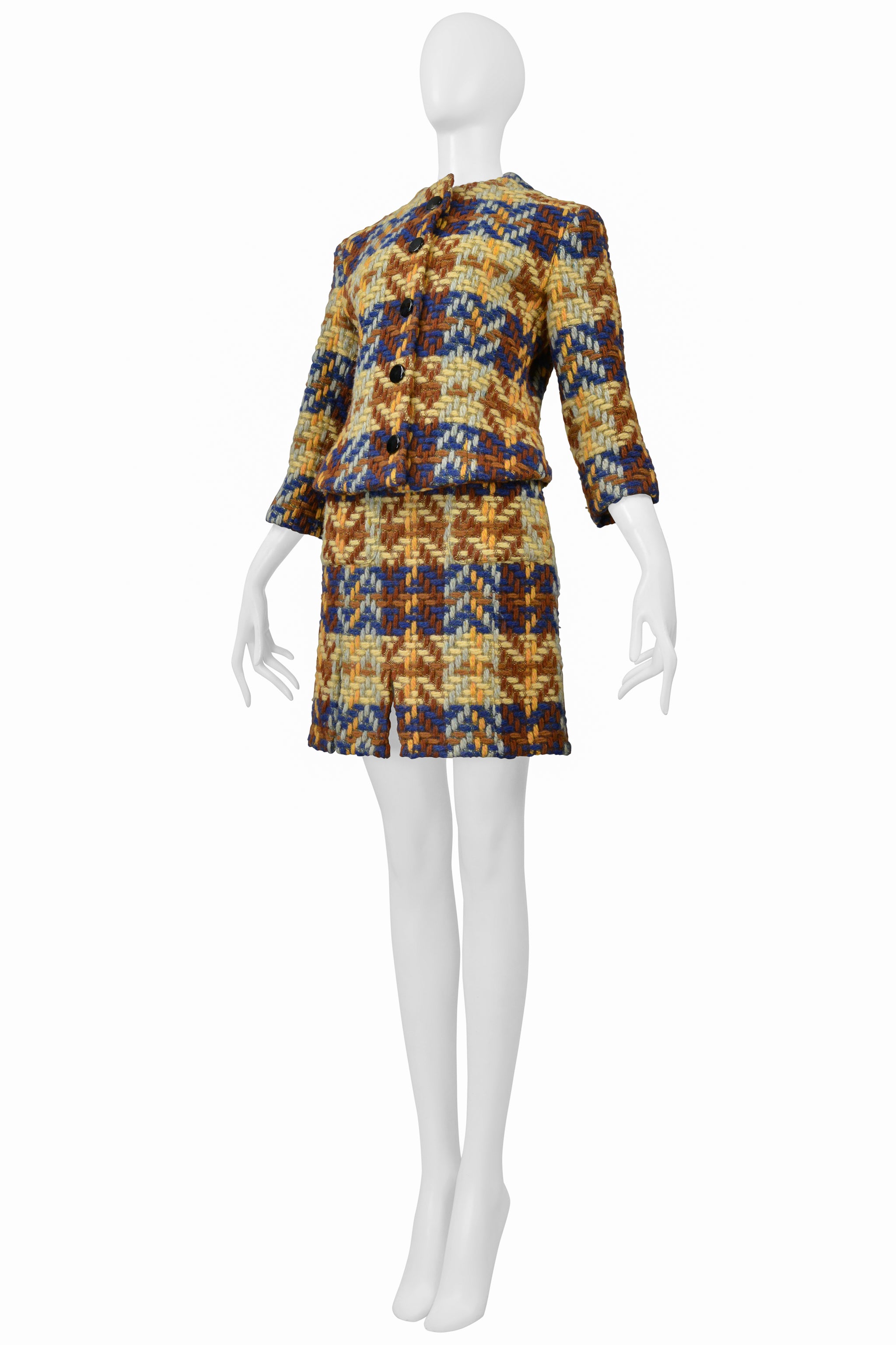 JUNKO SHIMADA BLUE, BROWN, YELLOW WOOL SKIRT SUIT