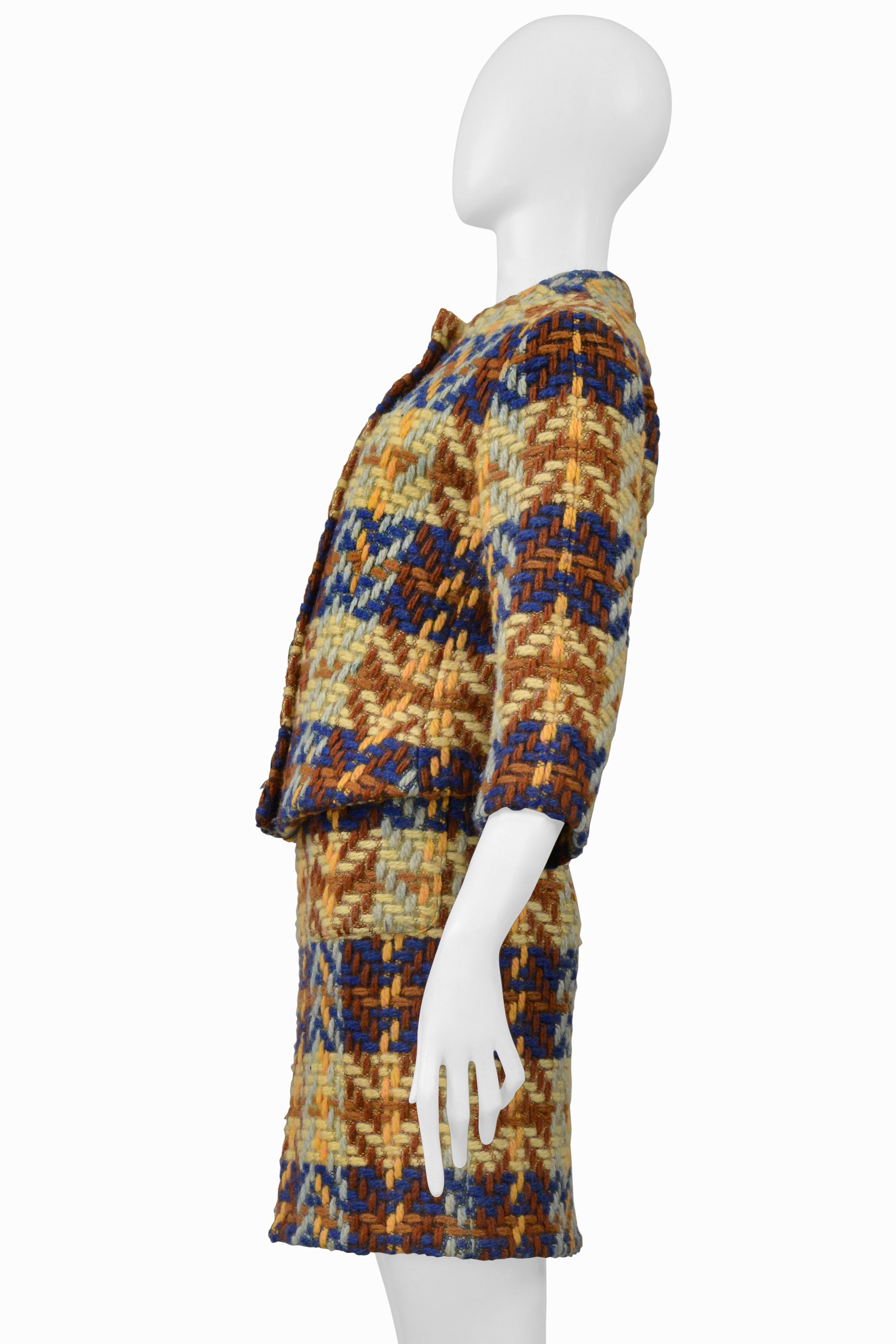 JUNKO SHIMADA BLUE, BROWN, YELLOW WOOL SKIRT SUIT