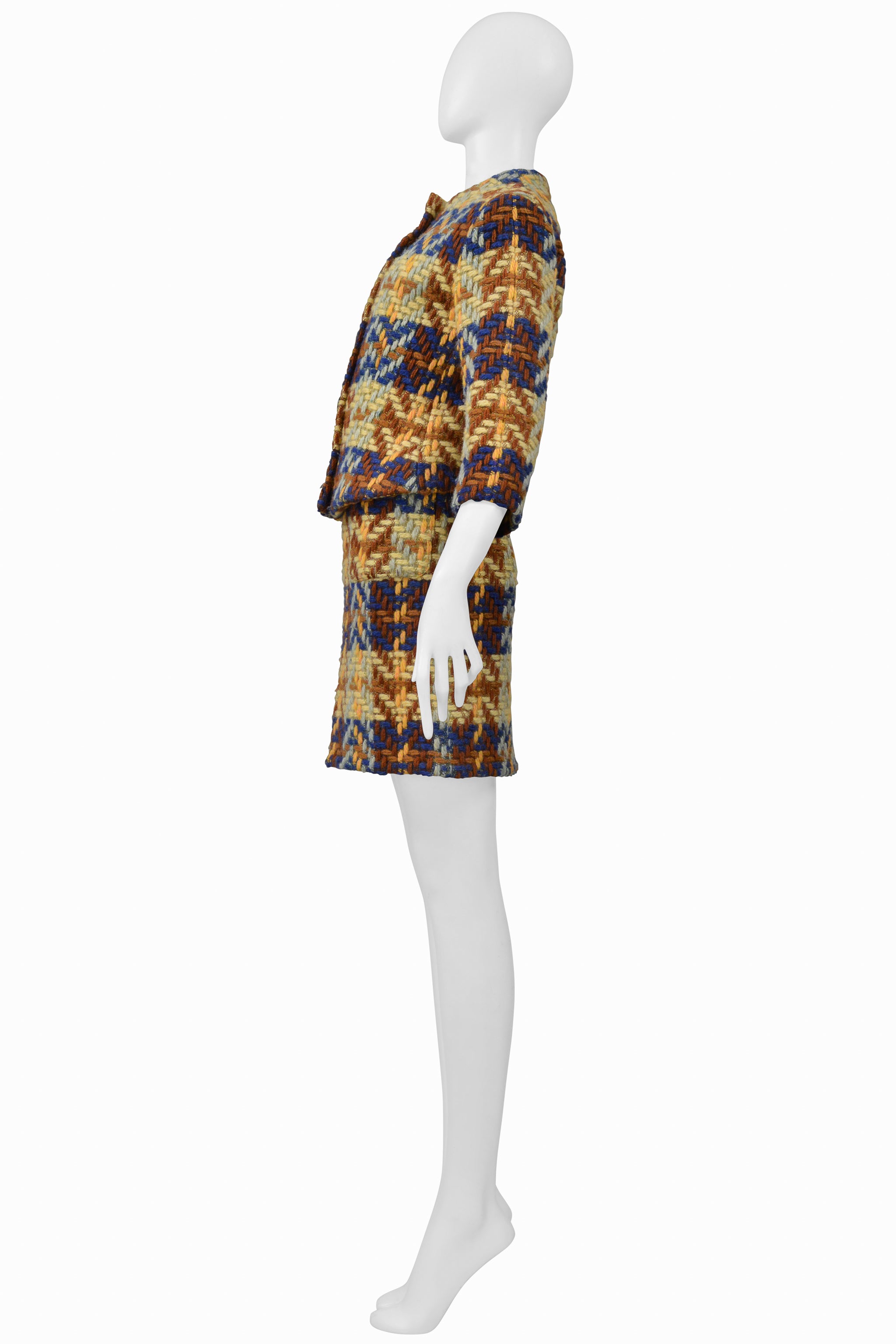 JUNKO SHIMADA BLUE, BROWN, YELLOW WOOL SKIRT SUIT