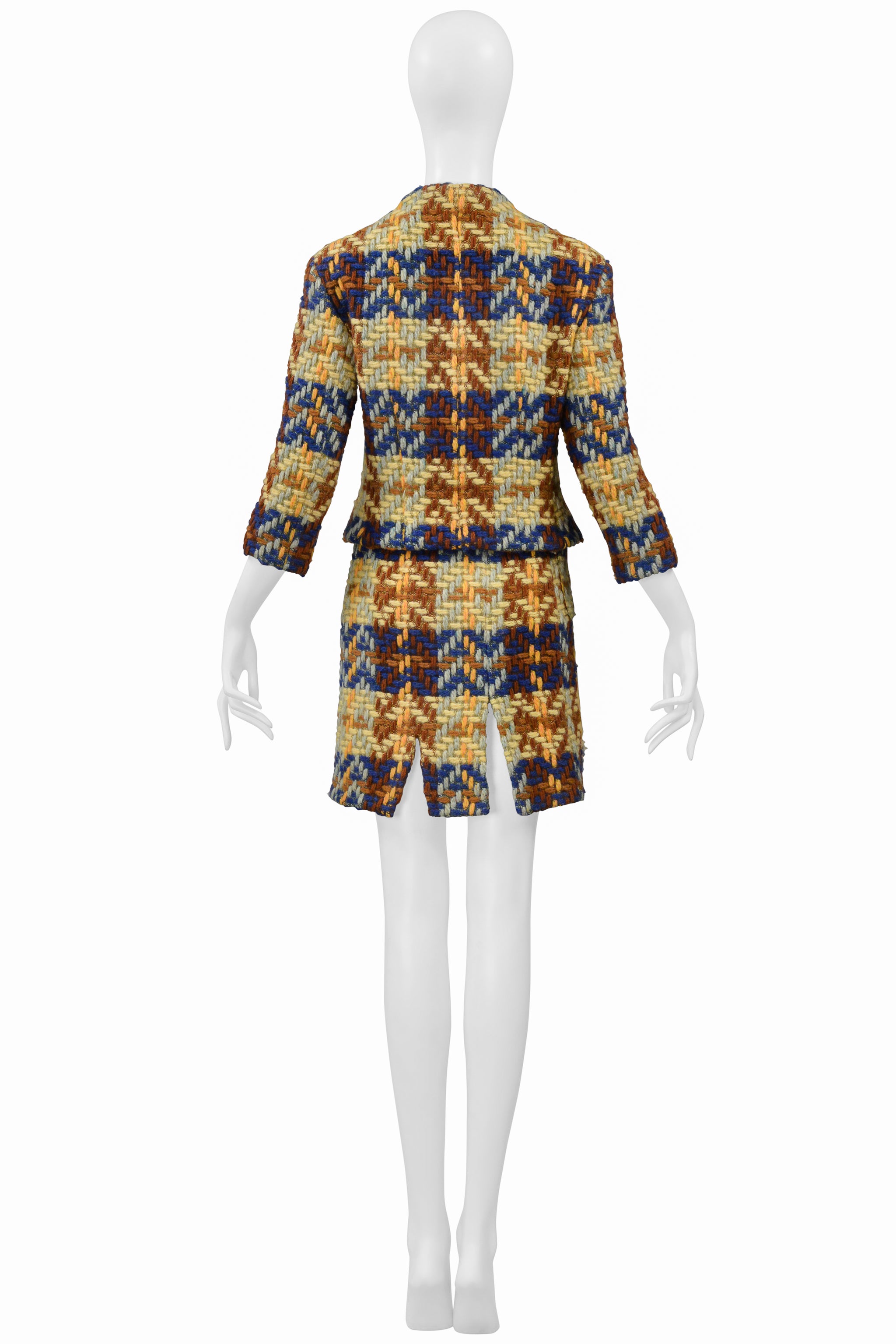 JUNKO SHIMADA BLUE, BROWN, YELLOW WOOL SKIRT SUIT