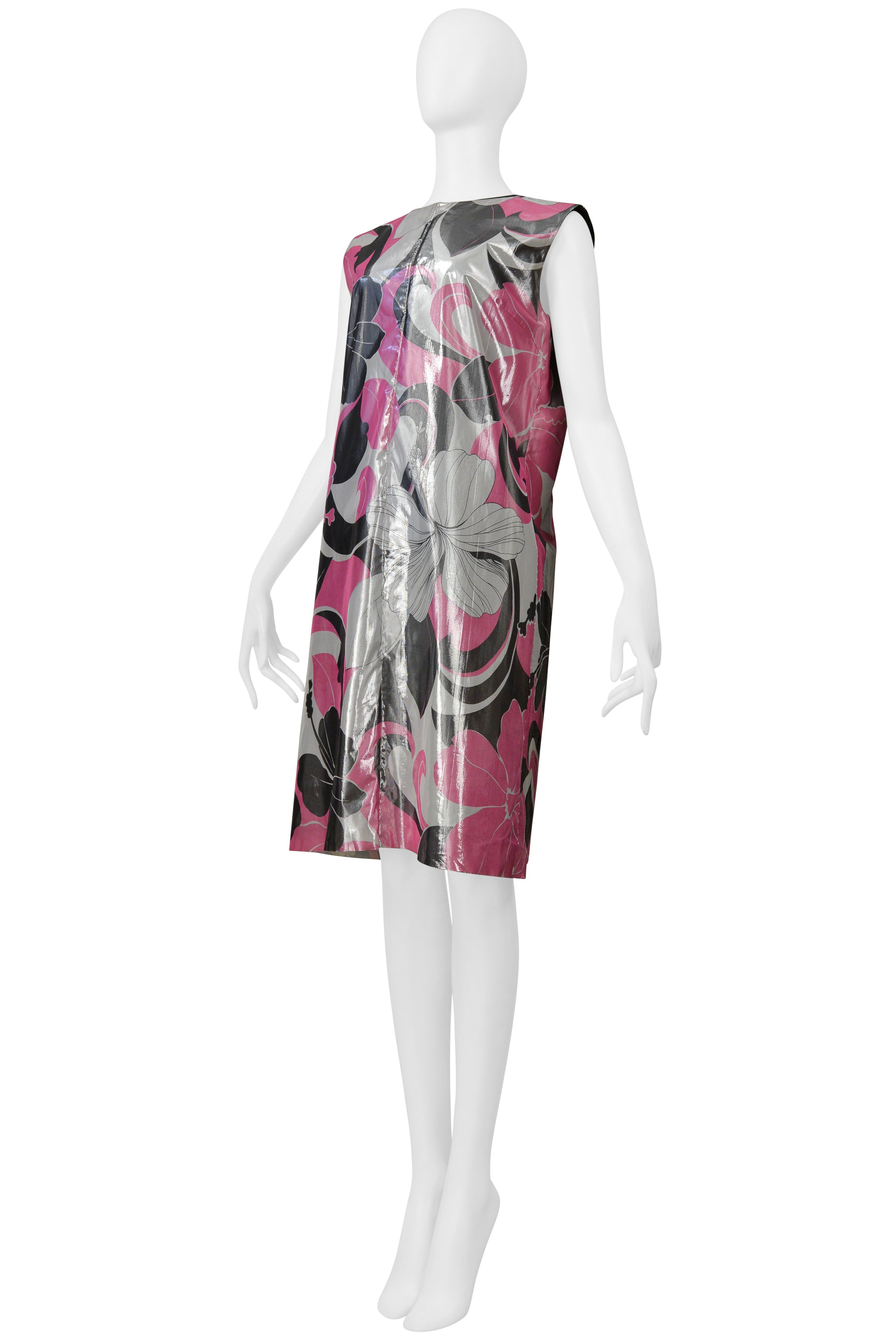 JUNYA WATANABE REVERSIBLE METALLIC FLORAL LAME TECH DRESS WITH BLACK & MESH INTERIOR SS 2000